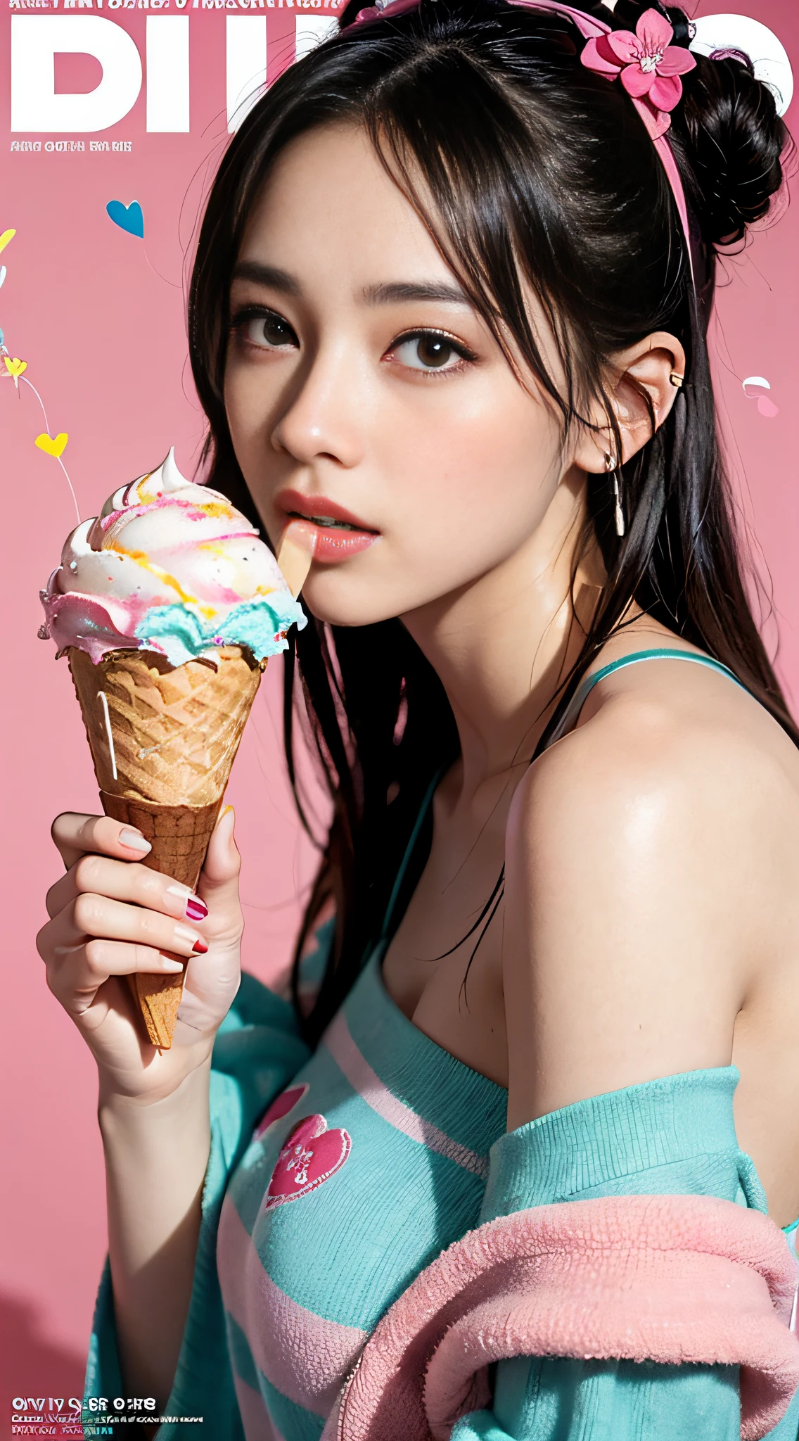 (1girl), cute, blond hair, hairbuns, (woman (eating a icecream), red polka dot bow,pink background, off shoulder,palm leaf side view, (magazine cover:1.2),sticker, aestheticism),(heart shape Pink balloons in background:1.2), long hair, looking at viewer, facing viewer, from side, fluid,in the style of Yayoi Kusama, soft smile, detailed skin texture, (blush:0.5), (goosebumps:0.5), subsurface scattering, (masterpiece, top quality, best quality, official art, beautiful and aesthetic:1.2), (medium breasts), extreme detailed, (colorful), highest detailed