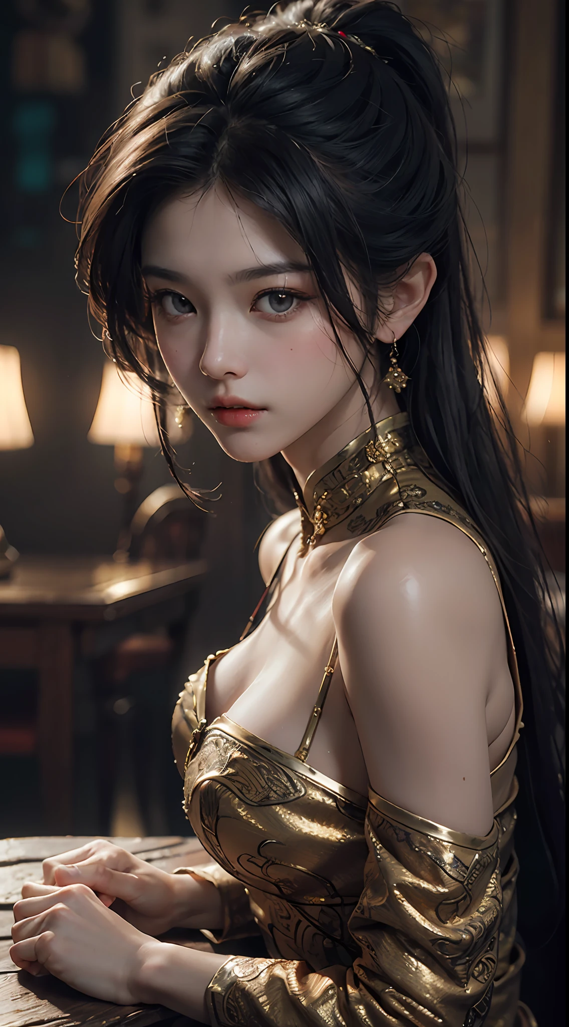 Best quality, (RAW photo: 1.2), (Masterpiece: 1.4), (Realistic: 1.4), (High resolution: 1.4), Chinese actress Guli Naza, depth of field, intricate details, 8k, very detailed, perfect lighting, epic background, big bust 1.3, slave, tight, bondaged