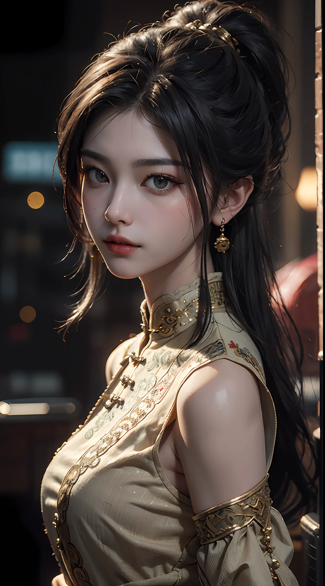 Best quality, (RAW photo: 1.2), (Masterpiece: 1.4), (Realistic: 1.4), (High resolution: 1.4), Chinese actress Guli Naza, depth of field, intricate details, 8k, very detailed, perfect lighting, epic background, big bust 1.3, slave, tight, bondaged