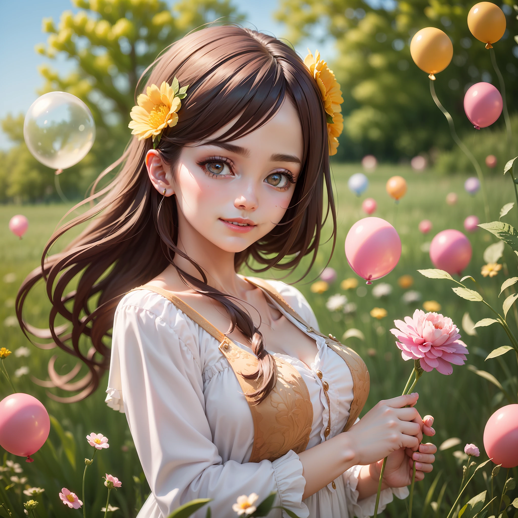 A girl holding flowers, colorful balloons floating in the sky, meadow, dancing, holding flowers, happy, happy, perfect quality, clear focus (clutter-home: 0.8), (masterpiece: 1.2) (Realistic: 1.2) (Bokeh) (Best quality) (Detailed skin: 1.3) (Intricate details) (8K) (Detail Eyes) (Sharp Focus), (Happy)