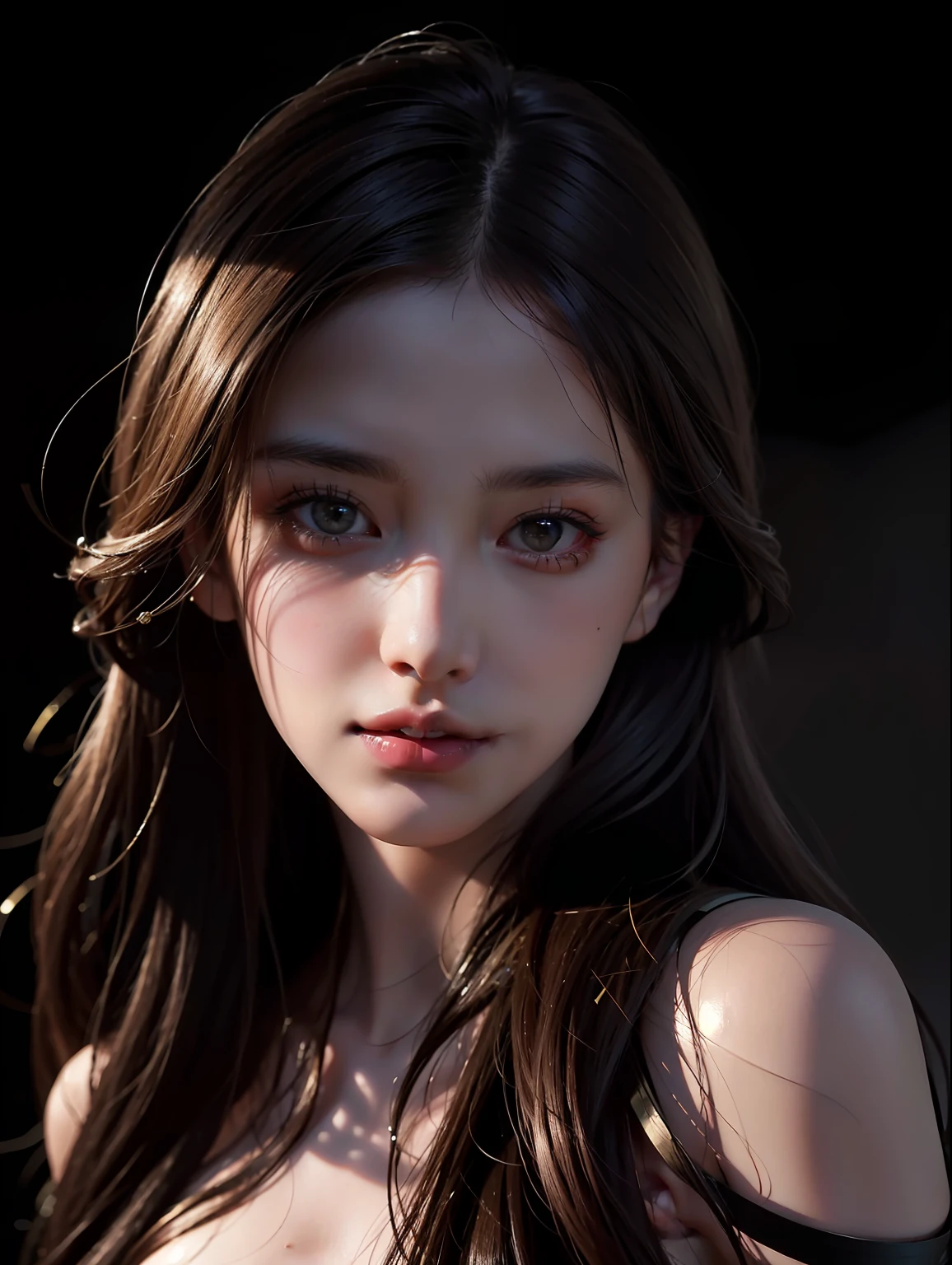 A close up of a woman with long hair and a black top - SeaArt AI