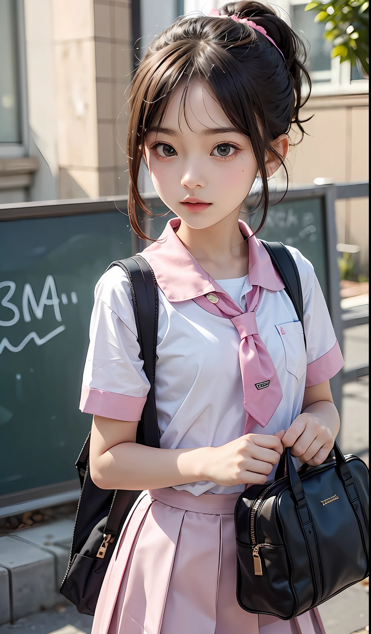 An -year-girl,hoolboy school bag, cute pink school uniform, animal hanging, ponytail, headband