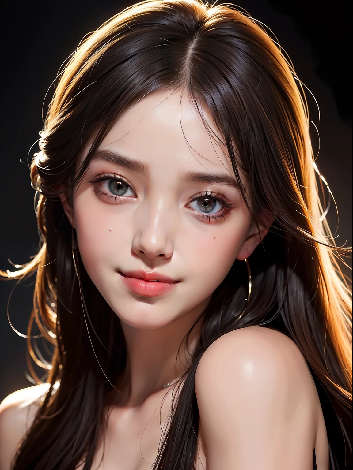 8k, shiny sunshine, attractive face, dress with hidden shoulders,23 years old, ultra high quality, (body from waist up), photo realistic, beautiful face and eyes in every detail, (hairstyle up), (black marble background), cute face, best quality, sweat, very delicate and beautiful, smile, nice buddy, high quality, real, fantasy, real skin, full color, top quality, very delicate and beautiful, Raw Photo Details, Professional Photo, Solo, Beautiful Lips, Forward, Smile, Top Quality, Fantasy, Real Skin, Full Color, Raw Photo Detail, Real Photo