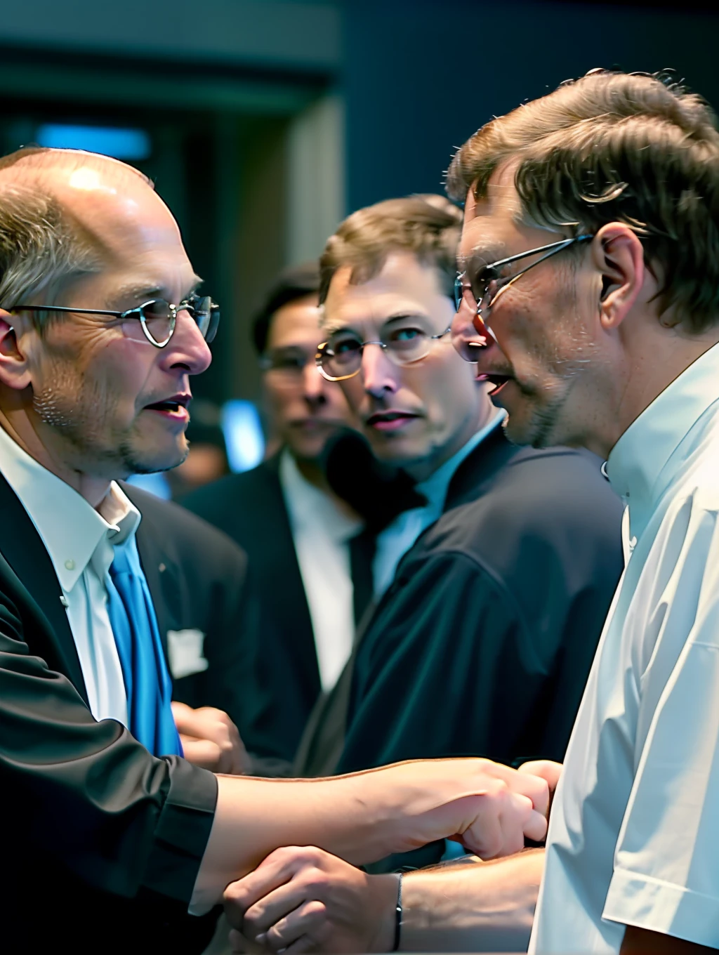 "A {high-quality} photo of Elon Musk, Steve Jobs, and Bill Gates discussing {with great enthusiasm} about the future of technology."