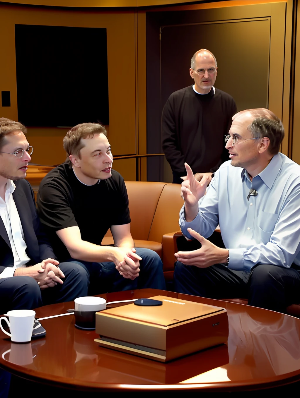 "A {high-quality} photo of Elon Musk, Steve Jobs, and Bill Gates discussing {with great enthusiasm} about the future of technology."