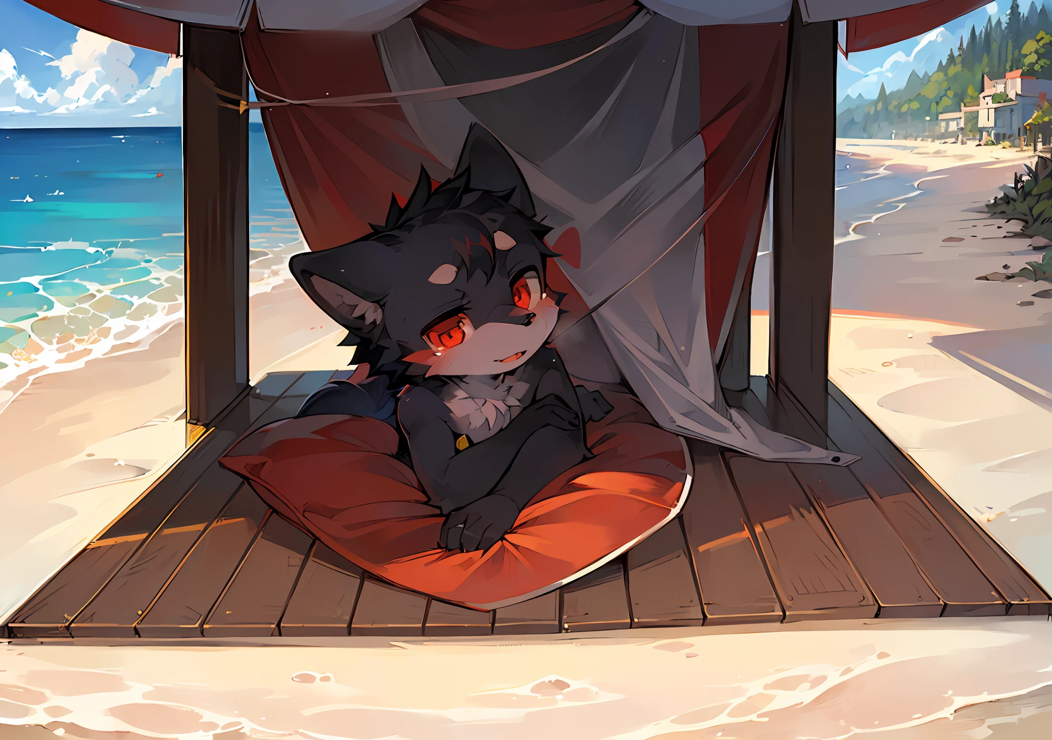 (Light Environment: 2.0), Masterpiece, High Quality, Abstract Res, Digital Painting\(artwork\), by Dagasi, Yupa, Kiyosan, (Anthro, Fluffy Fur, Character Focus: 1.1), Anthro Male Cat, Portrait, Bright Eyes, Panorama, Character focus. (Background: 0.7), Solo, Furry, Furry Male, Petite, Male Focus, Anthr, (Full Body Fur, Fluffy Tail, Black Fur,, Red Eyes: 1.2), (Long Canine, Black Shiba Inu, Swimming Trunks: 1.2), (Outside, Noon, Beach, Beach, Water: 1.1)