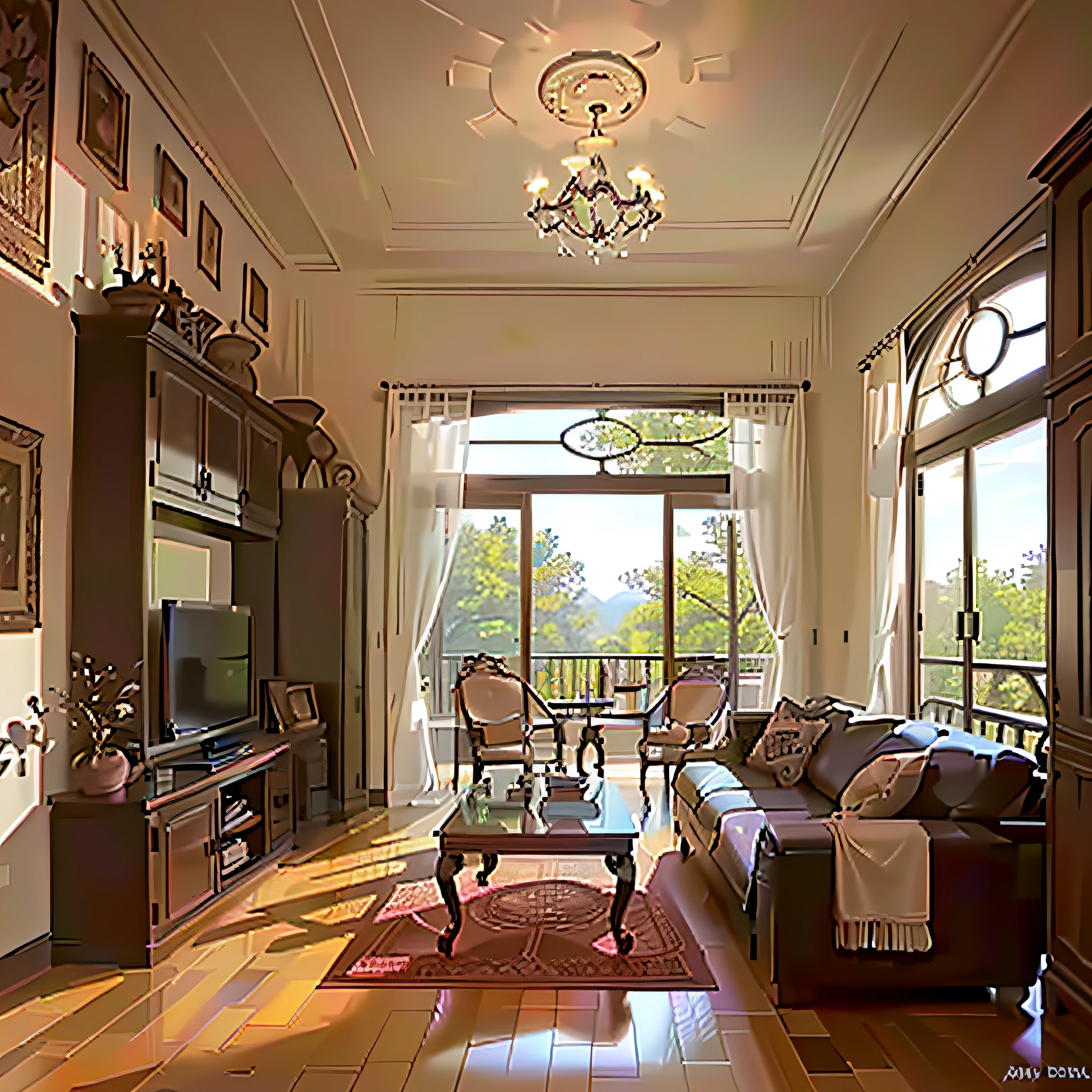 A living room with tall floor-to-ceiling windows and exquisite sofas --auto
