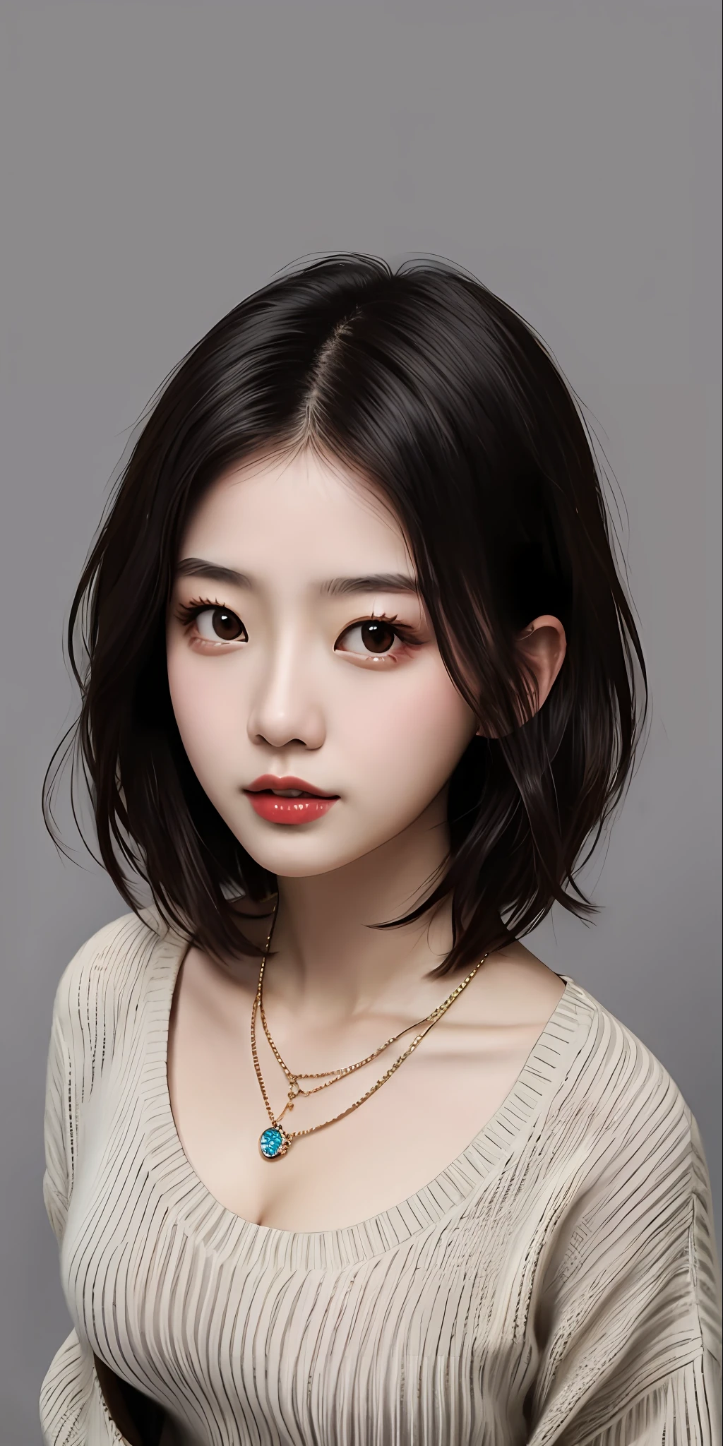 (Best quality, 8k, 32k, Masterpiece, UHD:1.2),Photo of Pretty Japanese woman, large breasts, very short bob hair,upper body,face focus,oversized_sweater, necklace, simple background, from above, looking at viewer,
