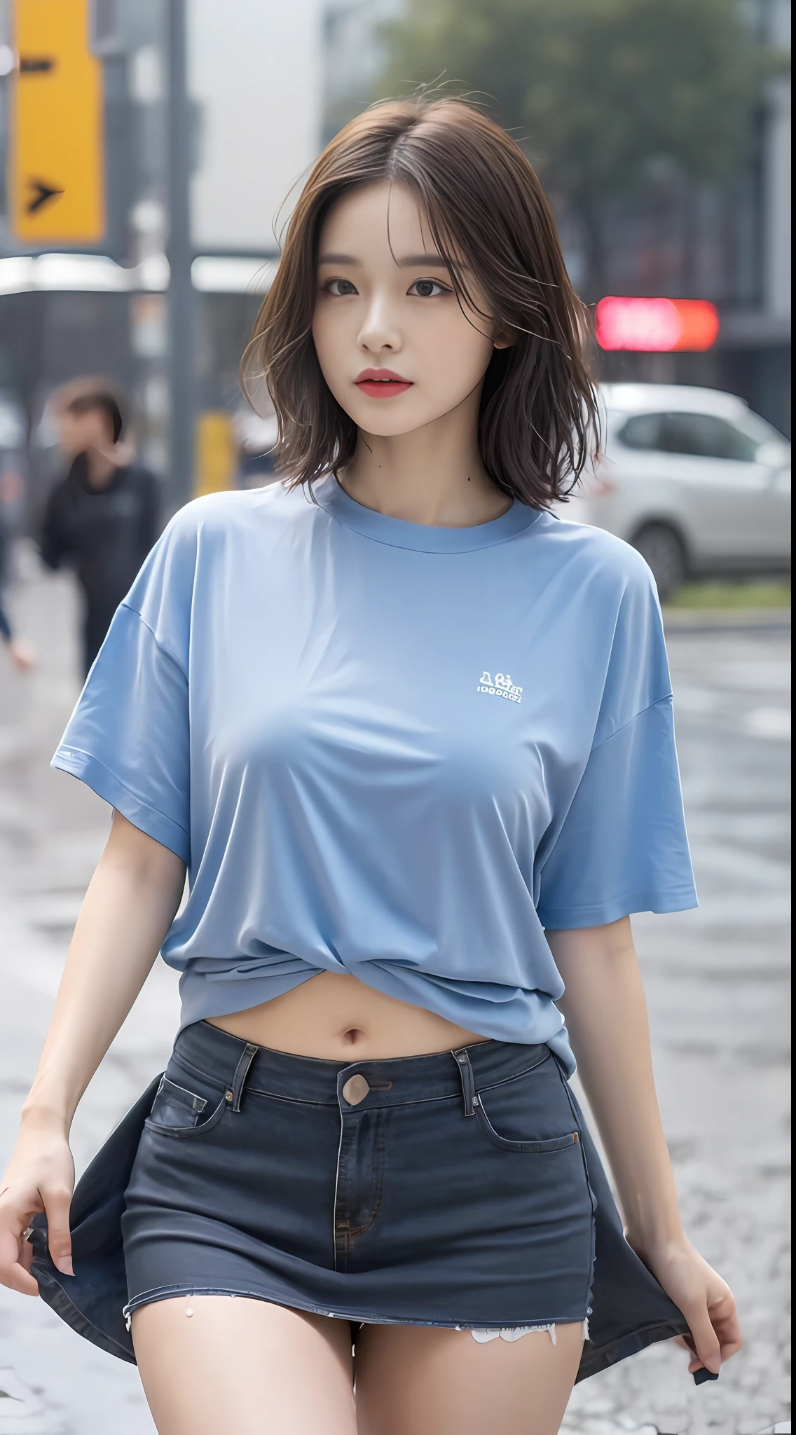 ((Best Quality, 8k, Masterpiece: 1.3)), Focus: 1.2, Perfect Body Beauty: 1.4, Buttocks: 1.2, ((Layered Haircut, Beautiful Breasts: 1.2)), (Wet Clothes: 1.1) , (Rain, Street:1.3), Colorful Short T-Shirt: 1.1, Short Skirt, Open Belly Button, Highly Detailed Face and Skin Texture, Fine Eyes, Double Eyelids, Whitened Skin, Long Hair
