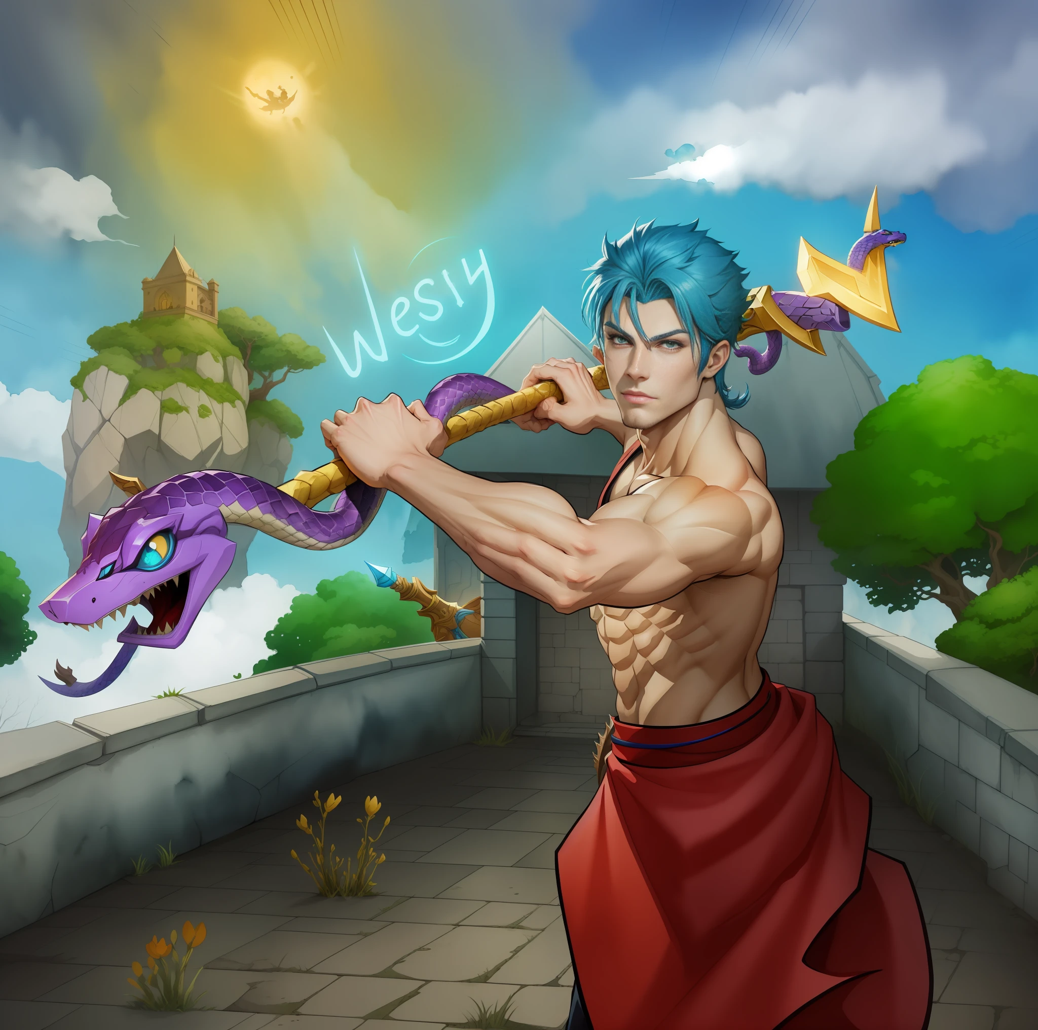 cartoon of a blue-haired man, with a spear wrapped with a purple snake in his hand, official fanart, game art!, anime in fantasy style, highly detailed exquisite fanart, epic anime style, fantasy watercolor, inspired by Philipp Veit, a style of fantasy comics, fan art, wind wizard!, League of Legends style art, Joshy Sly-style art
