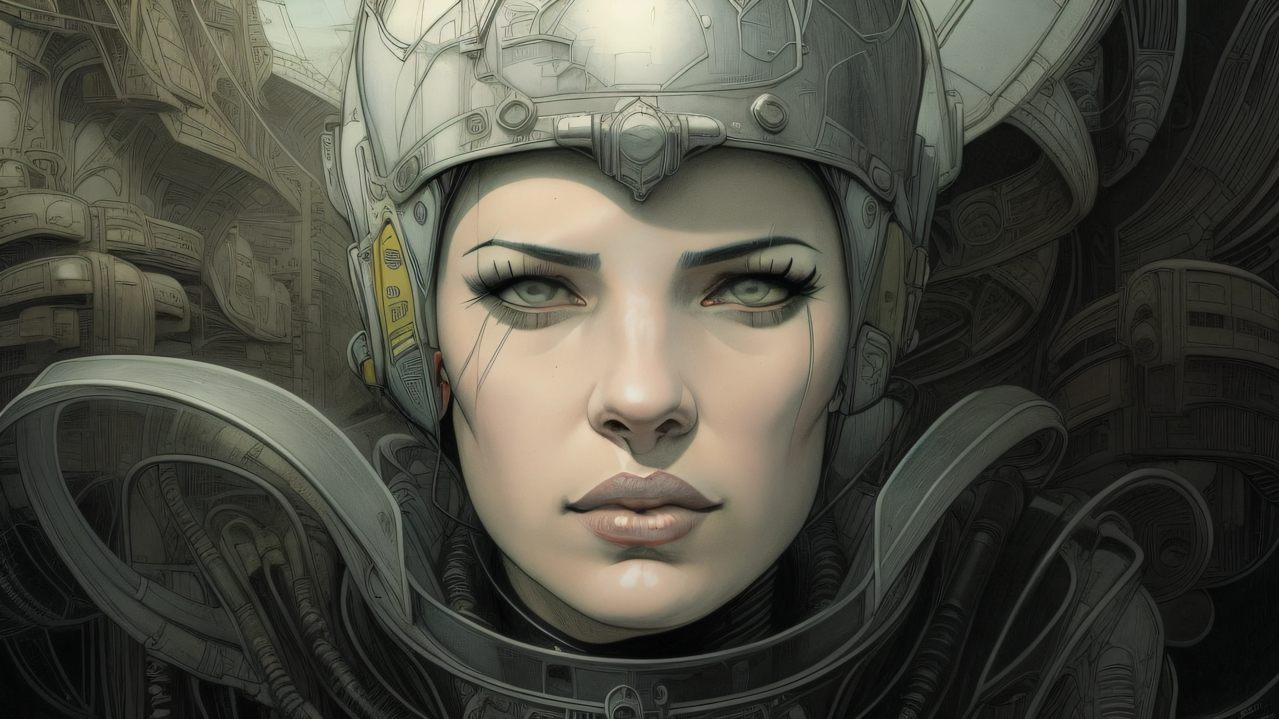 there is a drawing of a woman with a helmet on, martin ansin artwork portrait, detailed sci-fi art, ripley, drew struzan illustration art, hr giger artwork, ellen ripley, art of hans ruedi giger, art giger, drew struzan tomasz alen kopera, alien portrait, martin ansin, symmetrical portrait scifi --auto