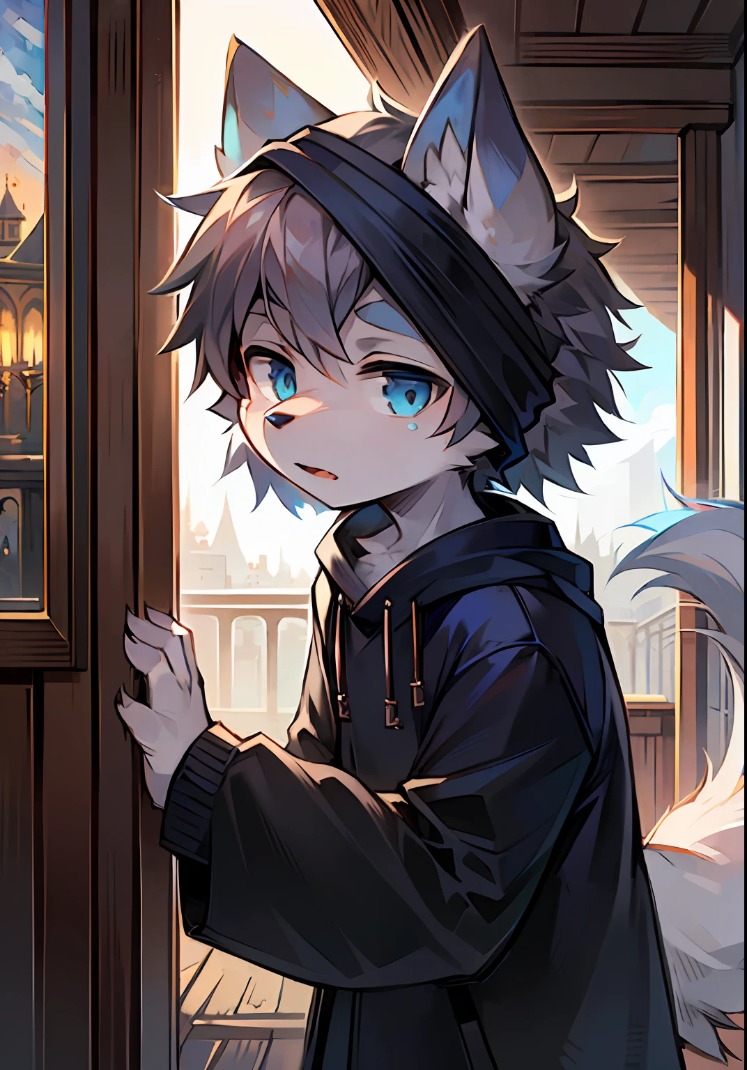 (1boy), (Shota), (HD quality, masterpiece level), cute teen characters, dark gray hair, blue eyes, (wolf ears), (wolf tail), one tail, (no ears), (little boy), (ears covered), (hair covered ears), face camera, a pinch of blue bangs, panorama,