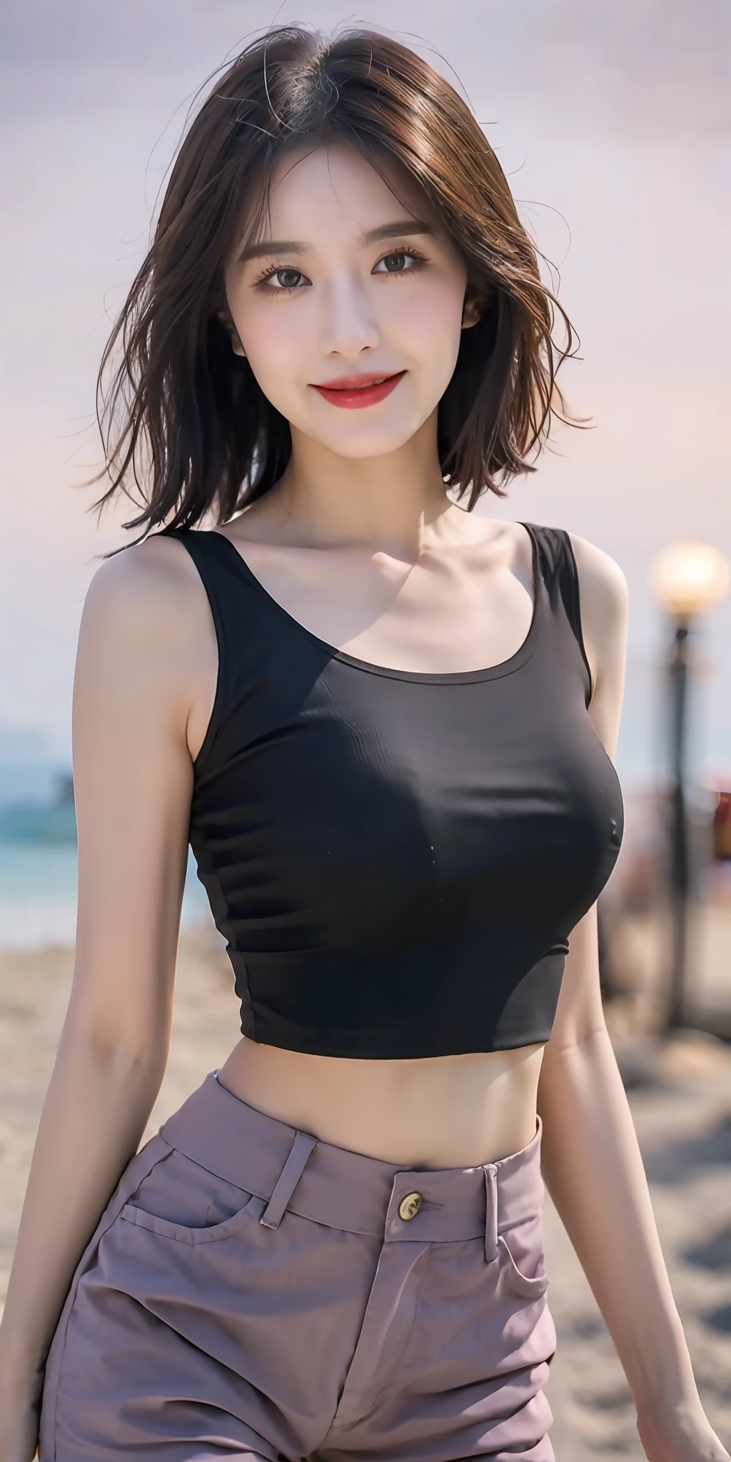 8K resolution, super high resolution, best picture quality, master works, HD phase, beautiful girl, moist lips, peerless beauty, messy black straight hair, shoulder-length short hair, fluffy hair, rich and beautiful makeup, exquisite and perfect facial features, sapphire eyes, rosy face, melon seed face, sweet smile, super slim body, big breasts, night seaside, on the beach, (wearing light purple high-waist crop top tight T-shirt), wearing shorts, macro shooting, mobile phone camera, night mode,