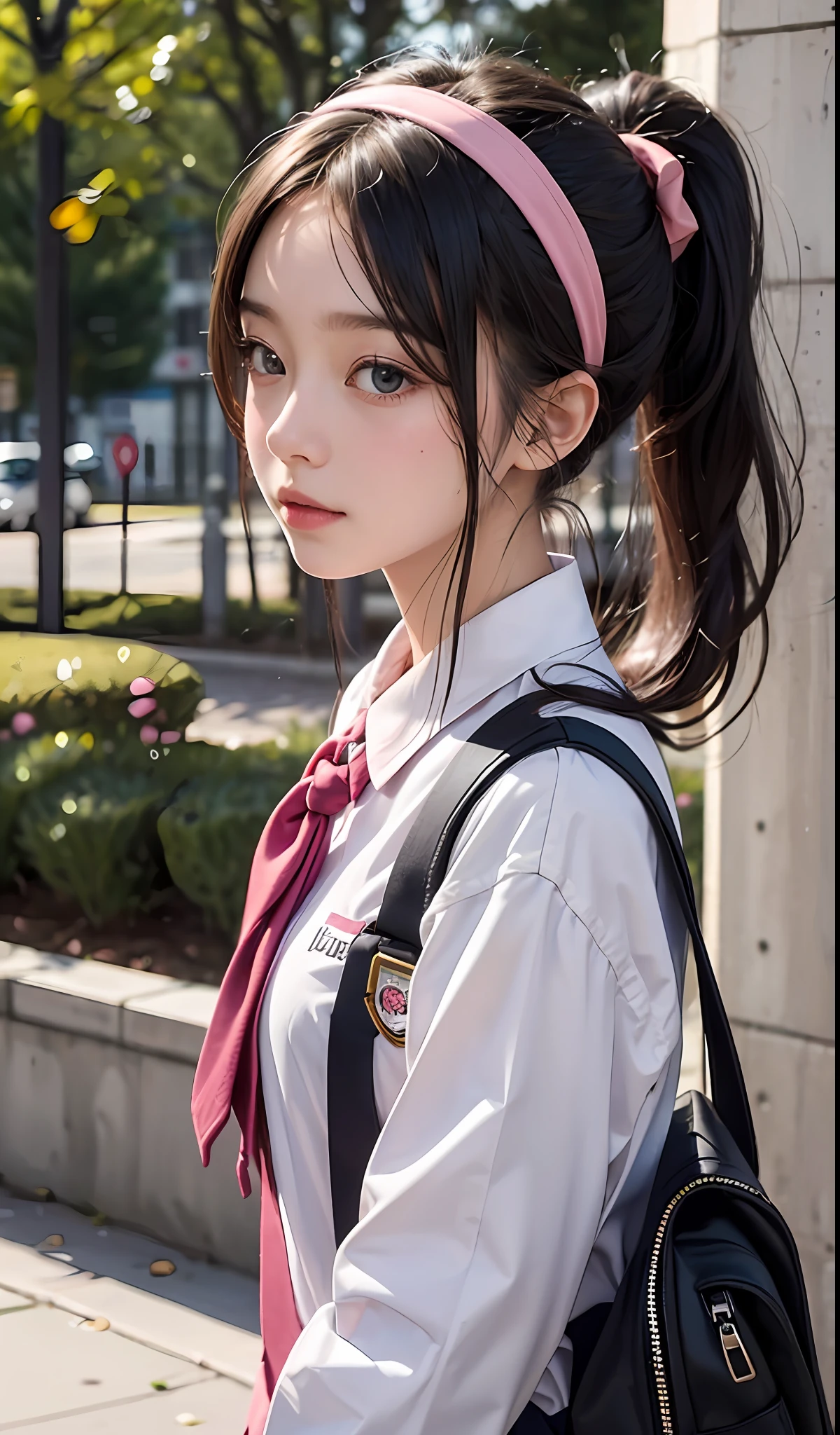 An eight-year-old girl, schoolboy school bag, cute pink school uniform, animal hanging, ponytail, headband