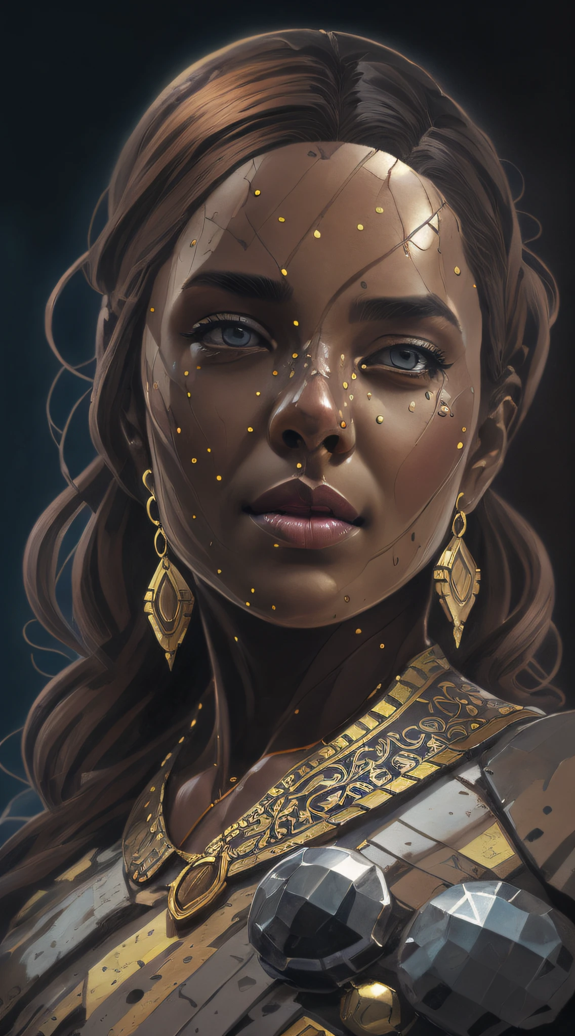 Mercy overwatch, Beautiful portrait of a gorgeous Black African Princess, beautiful black princess, round shaped face, round button nose, glowing black glass skin, sparkling hazel brown eyes, highlighted chestnut brown long straight hair, adorned in intricate golden jewelry, confident half smile, smirk, no face painting, dramatic crisp sharp lighting, intricate, wild, exotic beauty, highly detailed, digital painting, artstation, concept art, smooth, sharp focus, illustration, art by artgerm and greg rutkowski and alphonse mucha, footage from space camera