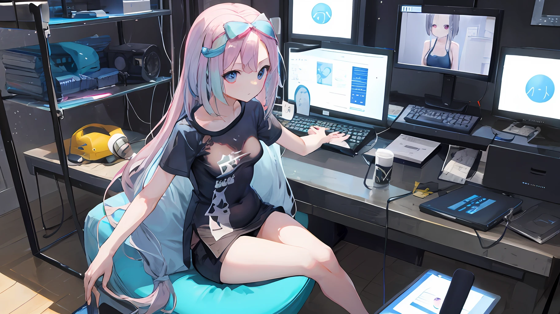 Fair skin, no bra, T-shirt, thin, sheer, small breasts, lots of monitors, computer, microphone, talking