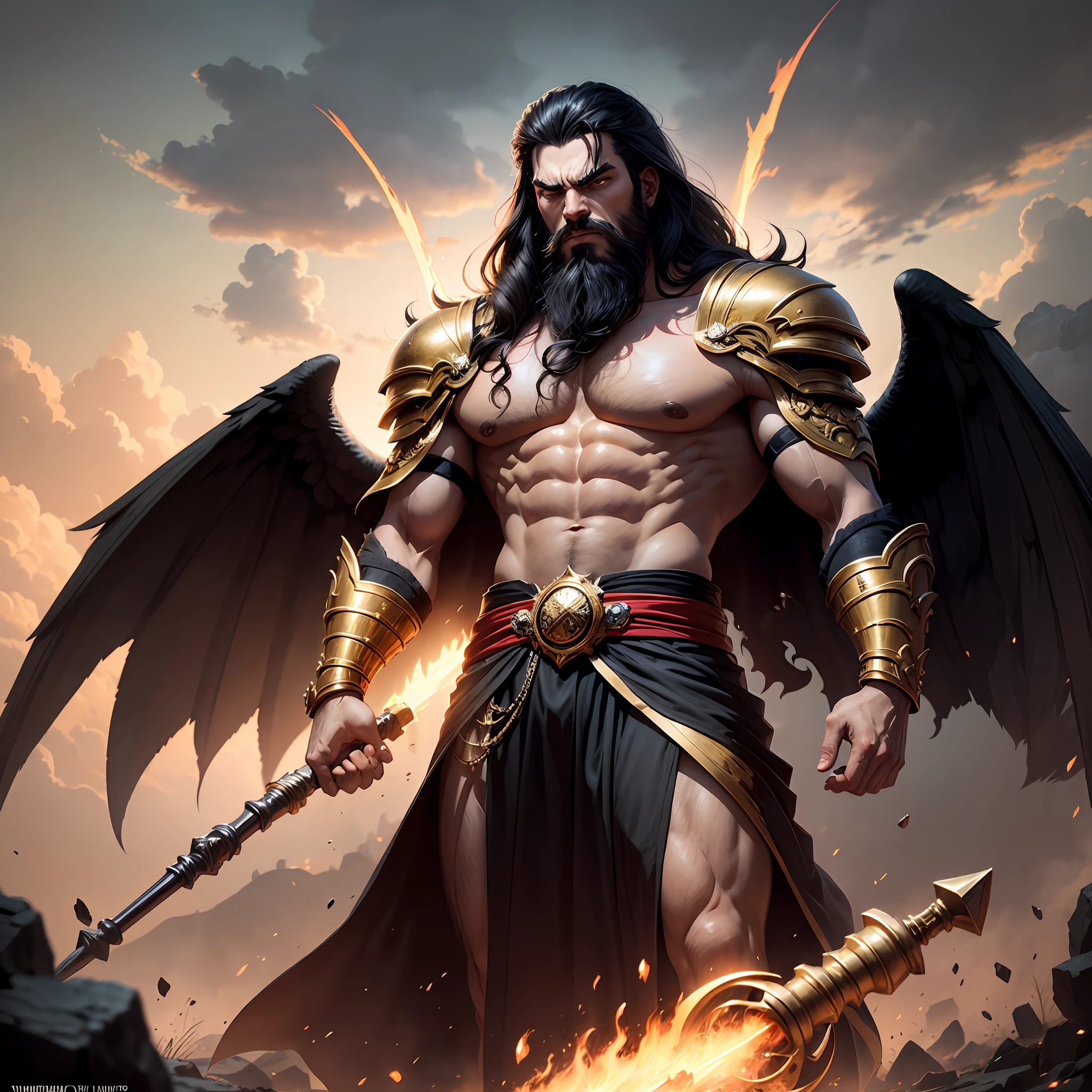 A man like Persian king Darius the Great, long black beard like Achaemenid Persian, Very long beards, angry, Cloudy sky, red royal crown with gold chains, real quality like game, 4k, very muscular body, long black hair, two big black wings, iron scepter in hand, angry and angry, like God, like Persian king Darius, his face like super villain , the weather is stormy and rainy, he looks at the sky, high quality --auto