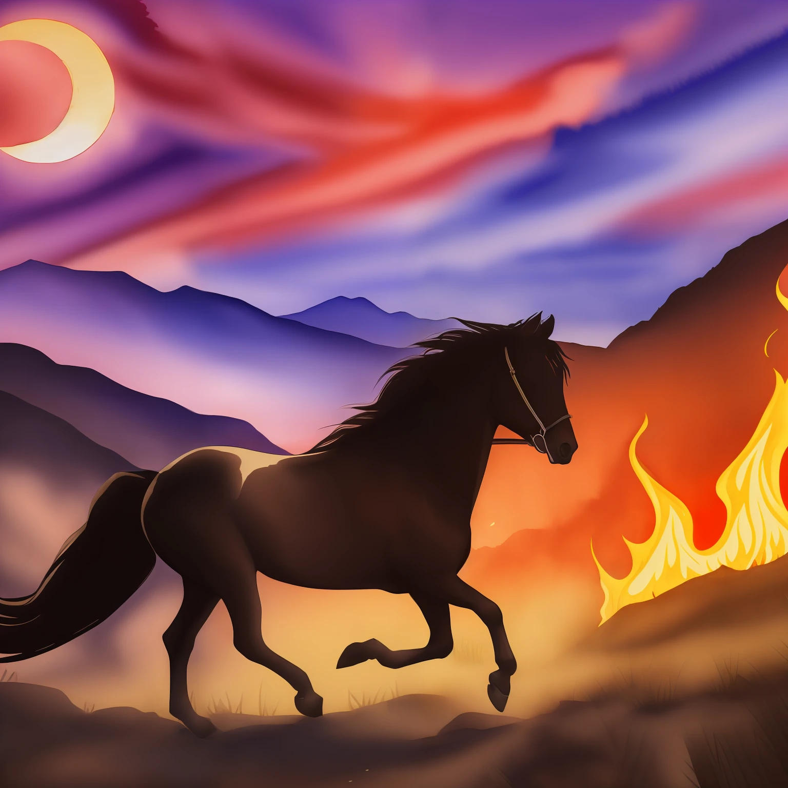 Black steed, with a long mane and flames coming out of its forehead, runs in the night, mountains in the distance, moonlight global illumination. Watercolor style, strong color. --auto