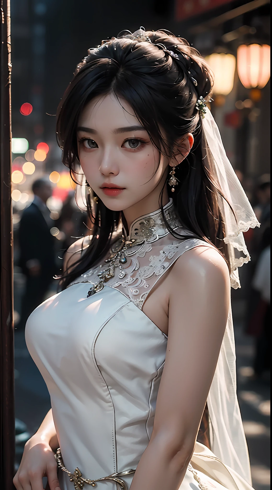 Best Quality, (RAW Photos: 1.2), (Masterpieces: 1.4), (Realistic: 1.4), (High Resolution: 1.4), Chinese Actress Gulinazha, Depth of field, Intricate details, 8k, Very detailed, Perfect lighting, Epic background, Big bust 1.3,(Wedding dress 1.5)