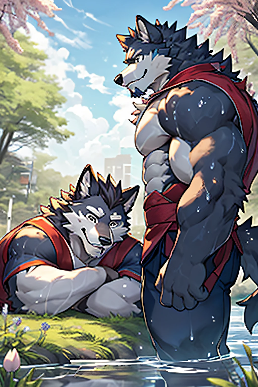 HD, Furry Uncle Wolf, Solo, Looking at the Audience, Spring, Lying in the Garden, Smile, Muscular Man, Beard, Big Pectoral Muscles, Middle Age, Hanfu, (Open) Hanfu, Close Up, Wet, Standing, Very Strong, Handsome, Affinity, (Large) Lift, ((Loose) Profile: 0.55), (Large) Sphere Profile: 0.75), (Genital Profile: 1.00)