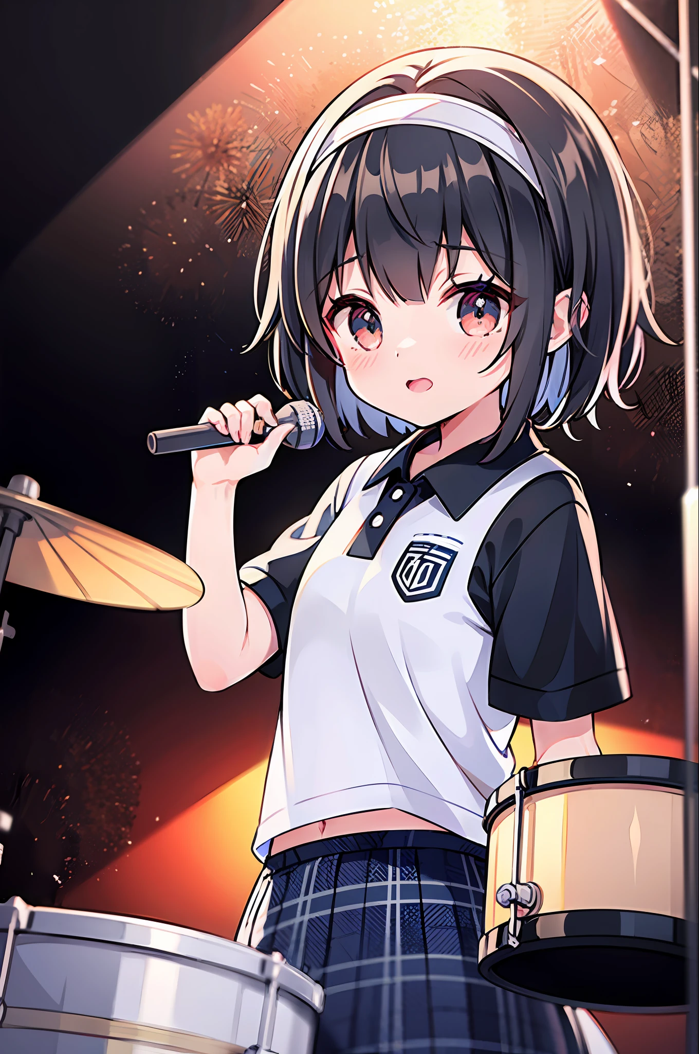 Top Quality, Ultra High Definition, 1 16 Year Old Girl, Short Hair, Black Hair, Hair Band, Small, White Short Sleeved Polo Shirt, Plaid Skirt, Band Activities, Drum Set, Playing Drums