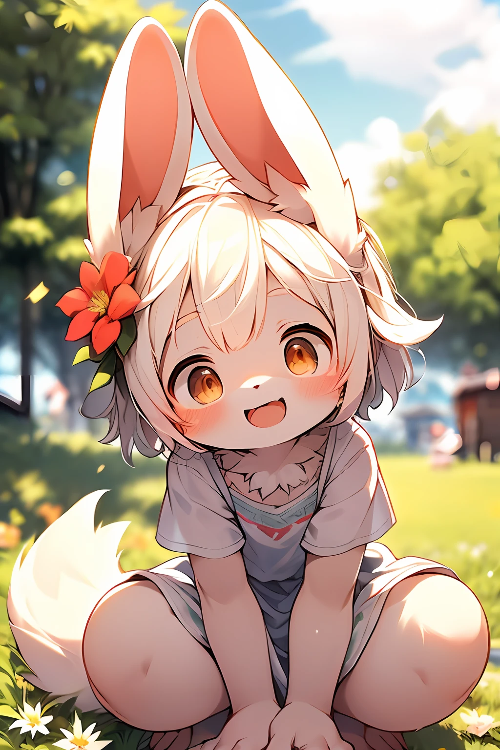 (Masterpiece, top quality), 1 girl, ite, flat-chested, solo, solo focus, (animal ears, rabbit ears), barefoot, knees up, dress, sitting, short sleeves, looking at the audience, grass, short hair, smile, white hair, fluffy sleeves, outdoor, puffy short sleeves, bangs, on the ground, full body, animal, sunlight, brown eyes, mottled sunlight, sky, depth of field, open mouth, (flower, hair flower), w, variza, white dress, (via Dagasi: 1.1), furry