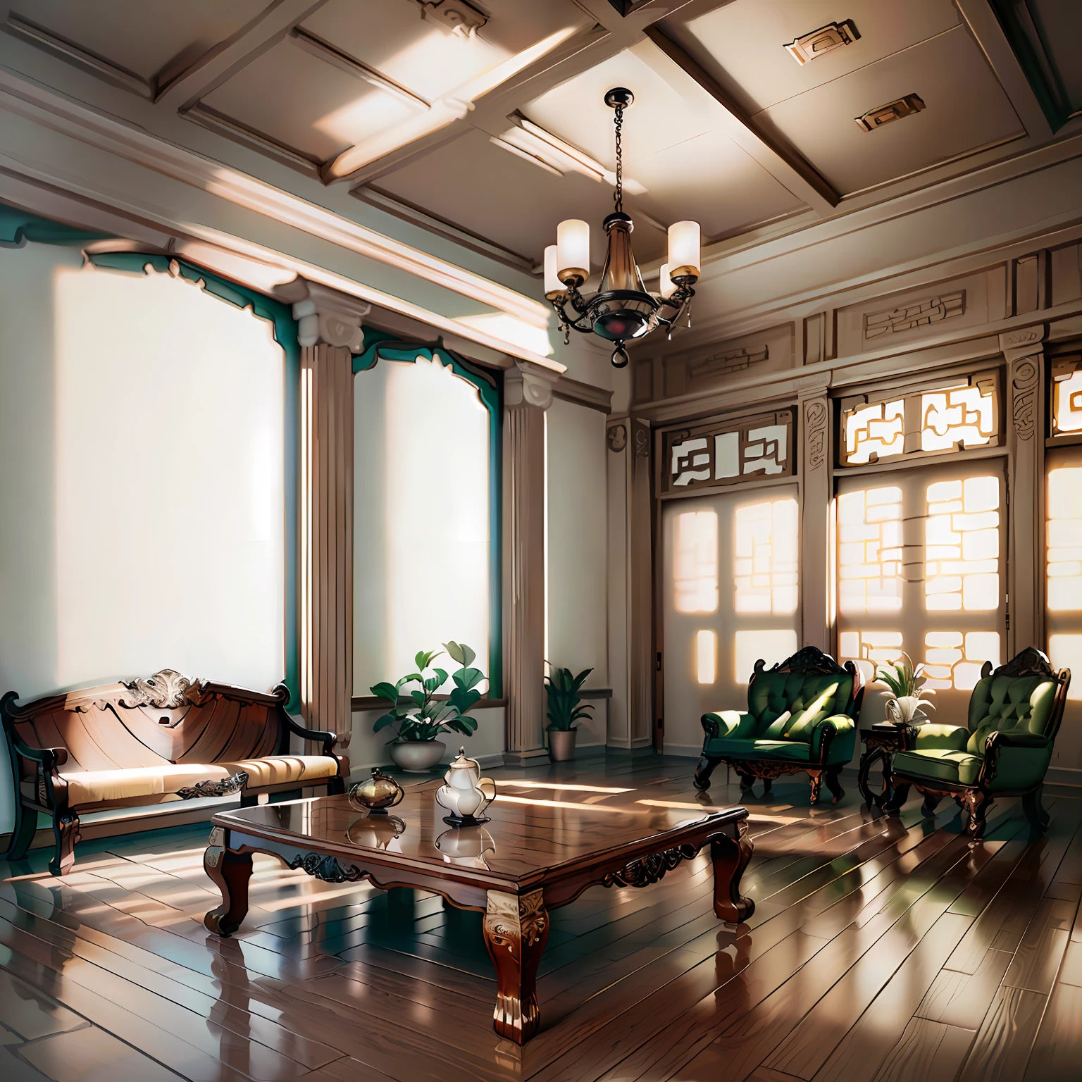 A living room with tall floor-to-ceiling windows and exquisite sofas --auto