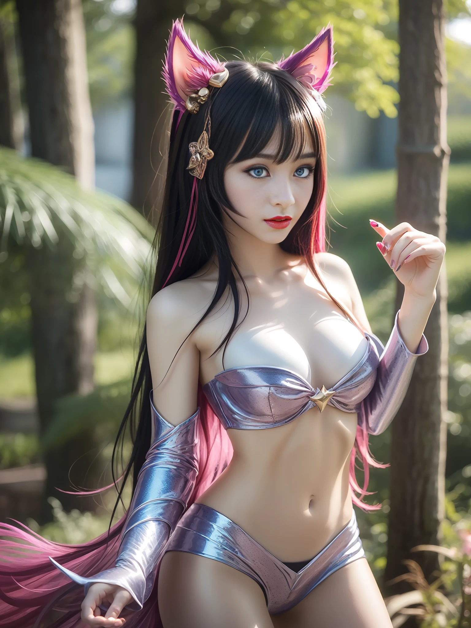 Highly detailed, High Quality, Masterpiece, beautiful, sharp focus, shiny skin, medium breasts, ahri from league of legend, armor, blue eyes, red lipstick, ulzzang-6500-v1.1