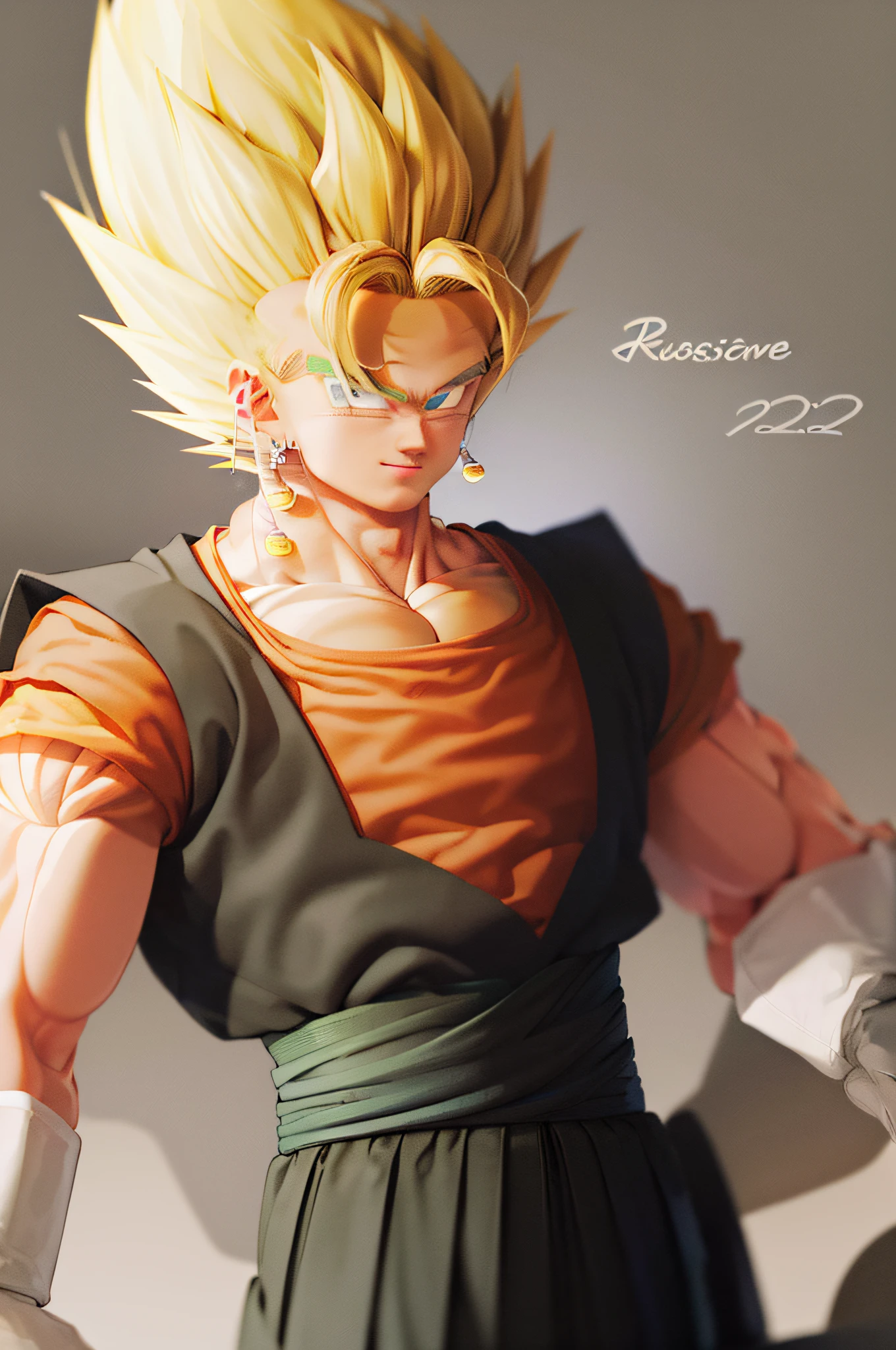 (masterpiece, best quality: 1.2), solo, male focus, big, strong, 1boy, Goku, super saiyan, smile, looking at the viewer, closed fists, rocky desert background, blonde hair, spiky hair, green eyes, orange dougi, black T-shirt.