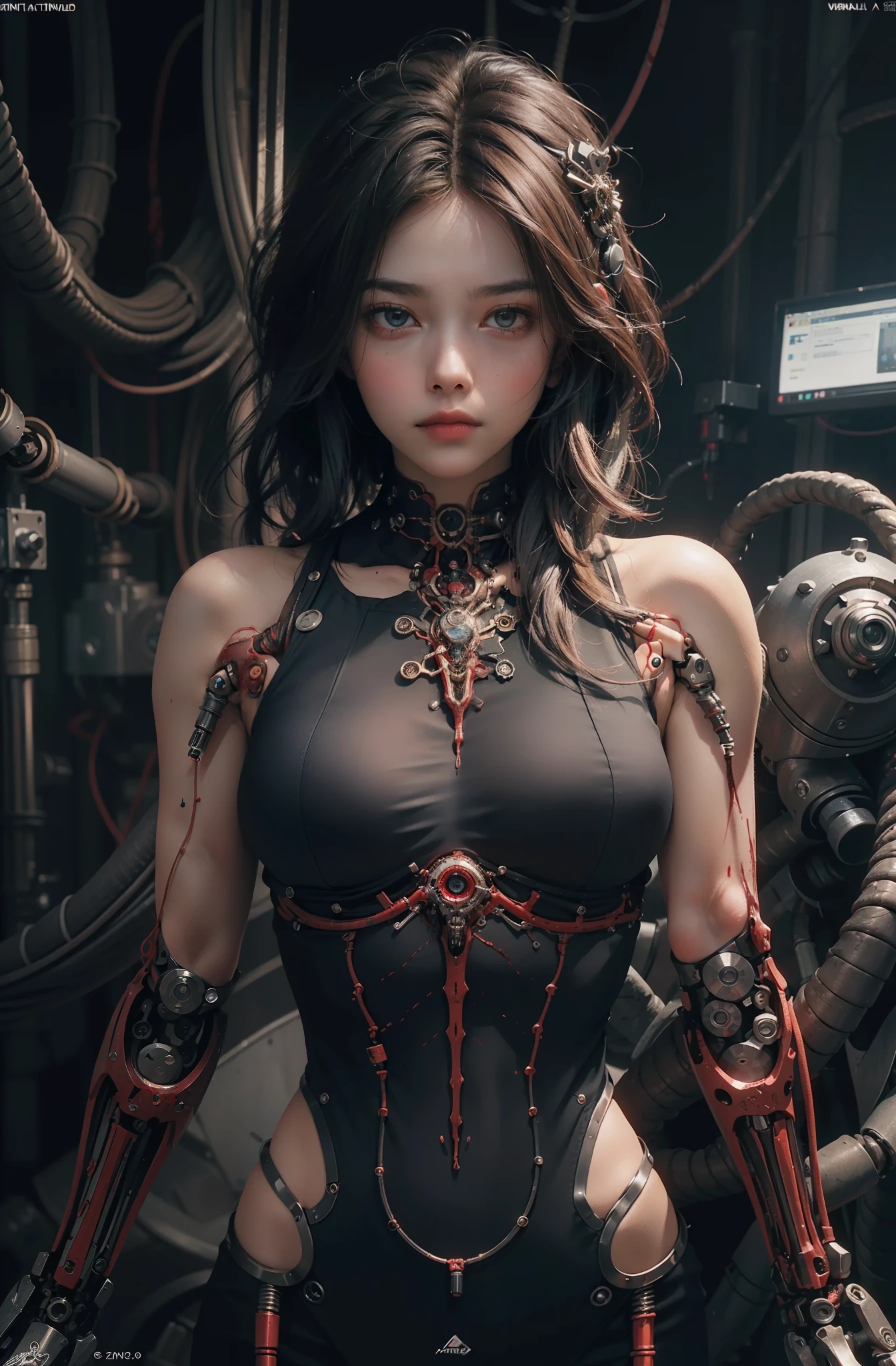 official art, unity 8k wallpaper, ultra detailed, beautiful and aesthetic, masterpiece, best quality, realistic, (zentangle, mandala, tangled, tangle), extremely detailed (dynamic angle), cinematic light, ((1 mechanical girl)), solo, whole body, (machines made joints: 1.2), ((mechanical limbs)), (blood vessels connected to tubes), (mechanical vertebra attaching to the back), ((mechanical cervial attaching to the neck)), expressionless, (wires and cables attaching to the neck: 1.2), (wires and cables on the head: 1.2) (character focus), science fiction, extremely detailed, colorful, higher detailed, HR Giger art