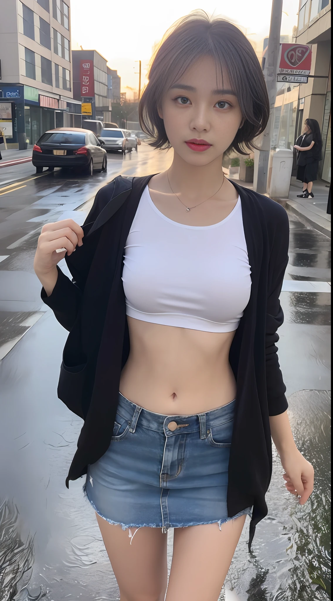 ((Best Quality, 8K, Masterpiece: 1.3)), Focus: 1.2, 2 Perfect Body Beauties: 1.4, Buttocks: 1.2, ((Layered Haircut, Beautiful Tits: 1.2)), (Wet Clothes: 1.1), (Rain, Street:1.3), Colorful Short T-Shirt: 1.1, Short skirt, open belly button, Highly detailed face and skin texture, Fine eyes, Double eyelids, Whitened skin, Short hair
