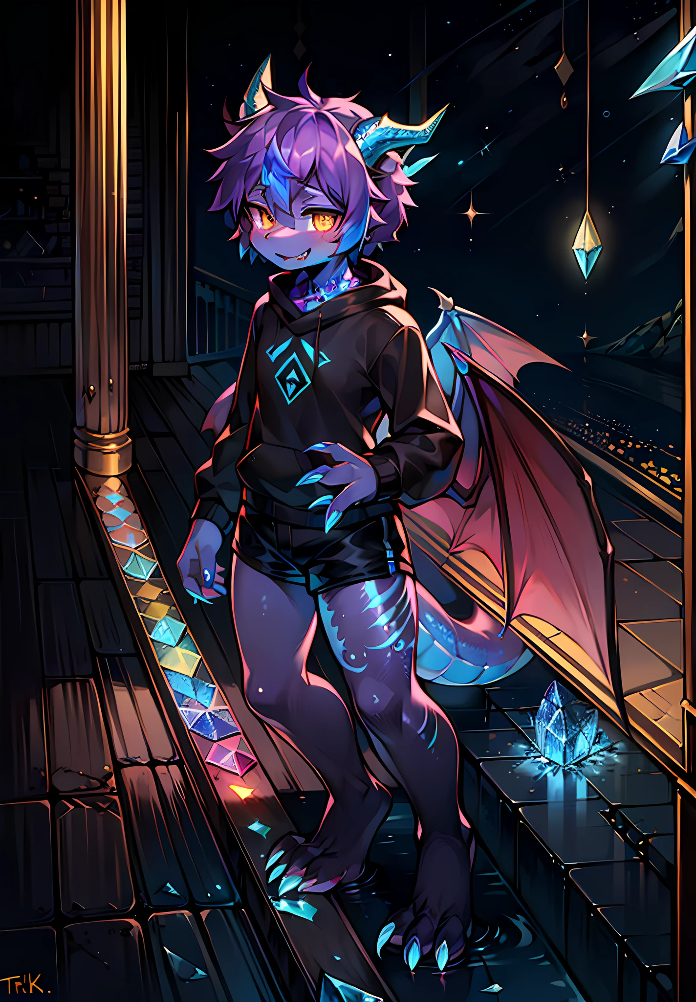 Masterpiece quality, highest definition, detailed textures, 4K, 8K, solo, humanoid focus, wings, blue gold scarf, webbed claws, animal claws, barbs, lots of fine scales, standing, short hair, full body, treadwater, moonlight, underwater environment, crystal, starry sky, cute mermaid boy cub with slender tail, fine scaly tail, cute face, detailed eyes, broken golden pupils, fine scale tail, slender crystal dragon horns and schools of fish with crystal, glowing tattoos and scales: 1.5, (gold and black sweatshirt, black shorts, ankle rings), Two pairs of purple-black dragon wings, shark and aquatic features, fangs , (scales, tattoos), (hair is blue-black), (crystal scales and dark scales), more glowing tattoos and scales.