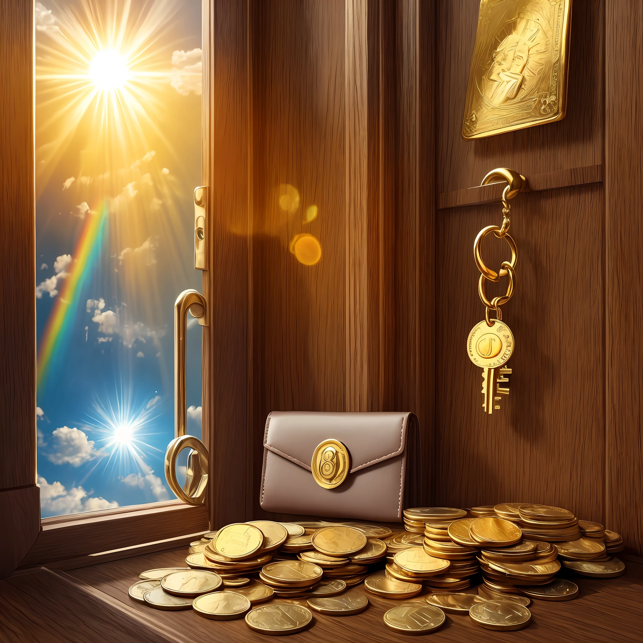 Best Quality 2.0, Best Masterpiece 2.0, Best Picture 2.0, 16K, 8K, Good Luck Charm, Pile of Gold Coins, Smiling Wallet, Bright Sun and Rainbow, Gold Key and Open Door --auto