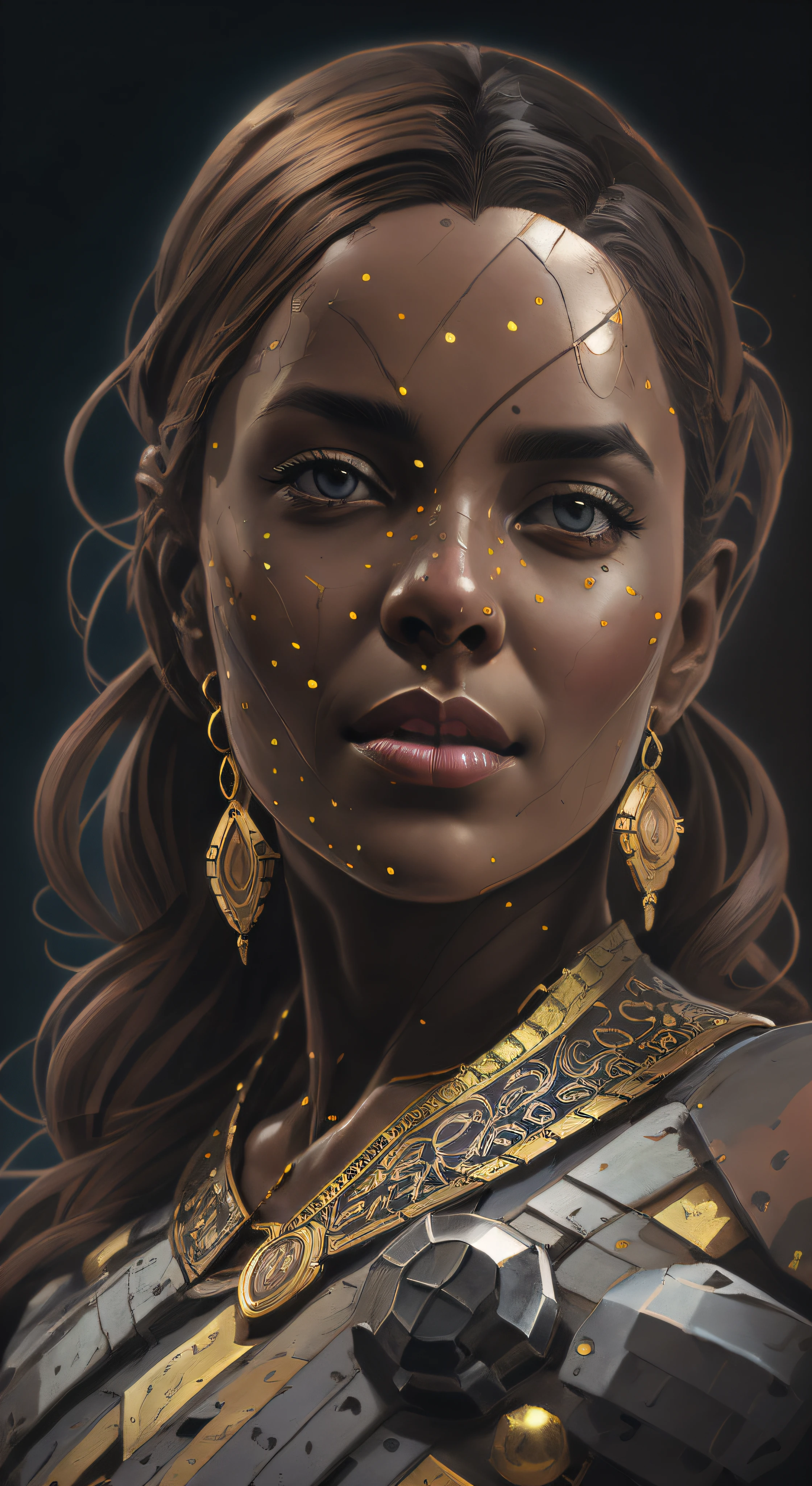 Mercy overwatch, Beautiful portrait of a gorgeous Black African Princess, beautiful black princess, round shaped face, round button nose, glowing black glass skin, sparkling hazel brown eyes, highlighted chestnut brown long straight hair, adorned in intricate golden jewelry, confident half smile, smirk, no face painting, dramatic crisp sharp lighting, intricate, wild, exotic beauty, highly detailed, digital painting, artstation, concept art, smooth, sharp focus, illustration, art by artgerm and greg rutkowski and alphonse mucha, footage from space camera