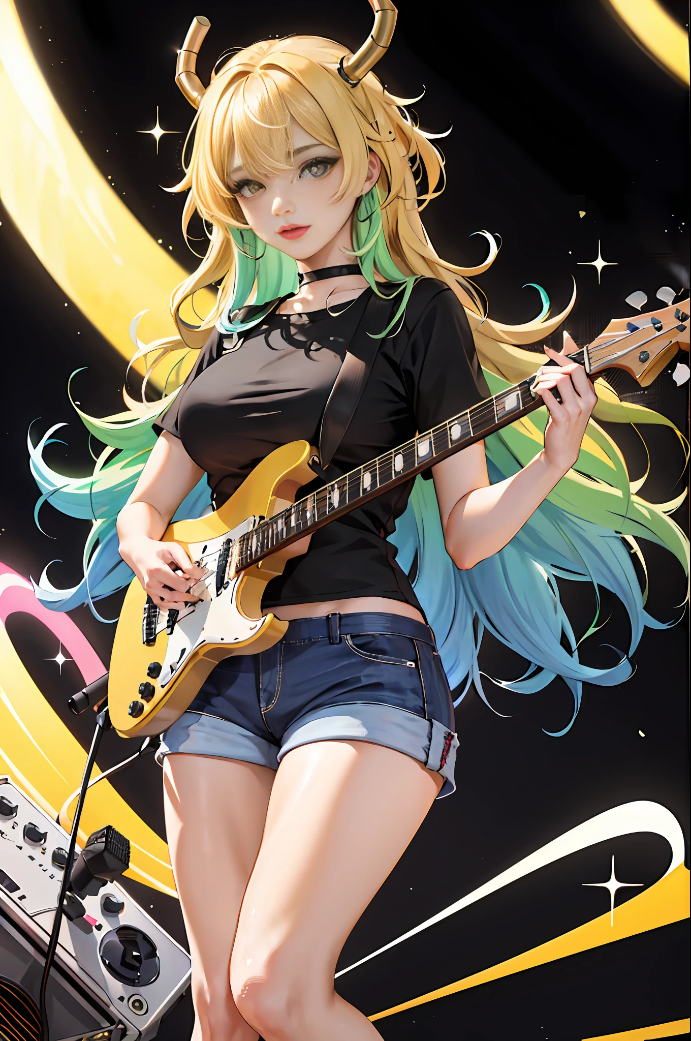 Rockstar, musician, cool, colorful, absurd, best quality, 1girl, solo, viewer look, eye focus, LucoaDM, CasualCL, shorts, modern top, hips, heterochromia, eye focus, 
ADCOMM
Green Eyes
ADDCOL
(black eyes: 1.5), slit pupils, light pupils, yellow pupils