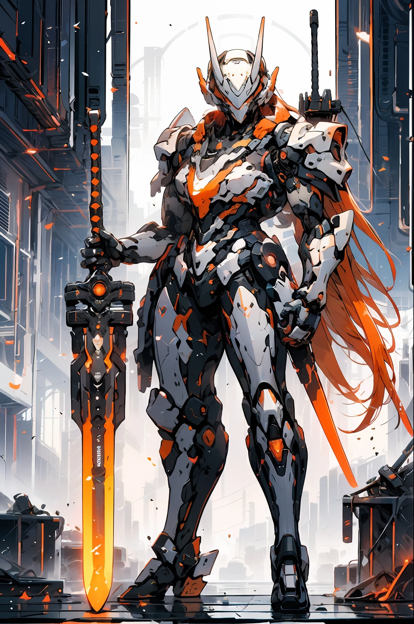 mecha_musume, 1 Girl, Cyborg Girl, Cyberpunk, long_hair, science_fiction, Weapon, Sword, holding_sword, orange_eyes, Solo, Headwear, holding_weapon, Mecha, Standing,, Wide Angle, Ultra Fine, Cinematic Still Life, Perfect Eyes, Highest Image Quality 8K, Canon EOS R 6 Shooting Masterpiece "Chaos 50, Ray Tracing, Surrealism, textured skin, looking at the viewer, gradient background, perfect composition, Mecha warrior