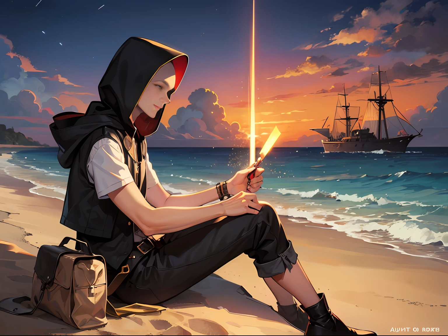 Man, black cloth vest, bald, smiling, black short pants, black hood, sandy beach, sandy pier, ships in the distance, night, sky, nature, desert nature, desert beauty, enjoying nature, ocean watching, blue ocean, calm water, man sitting, man watching, man satisfied, dagger in the sand, kris in the sand, fantasy, dark fantasy, perfect digital art, art, even proportions, top quality,  Best Quality, 8K, Epic Fantasy, Night Sky, Around Night, Near Dagger, Tanned Man, Bald Man, Anime Art, Simple Fantasy Clothing --auto