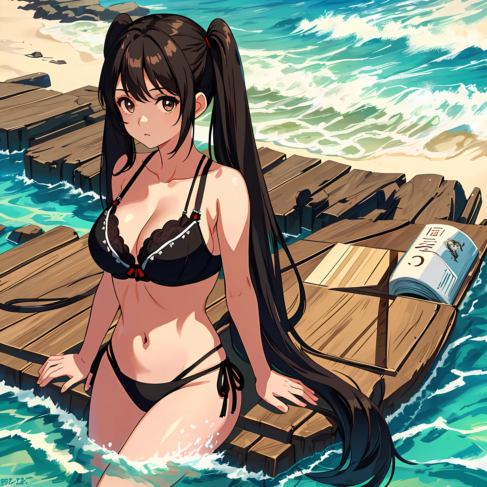(masterpiece: 1.2, best quality), (finely detailed beautiful eyes: 1.2), a girl with twintail, brown eyes, black bra, beach, water, large breasts, age 20, black hair