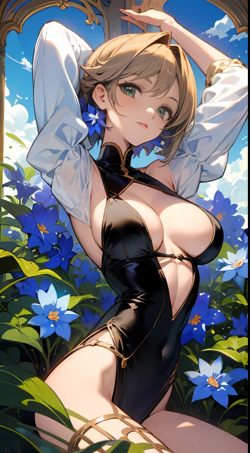 outfit-narcissus, 1girl,green eyes, solo, breasts,arms up, blue flower,large breasts, looking at viewer, cumulonimbus <lora:outfit-