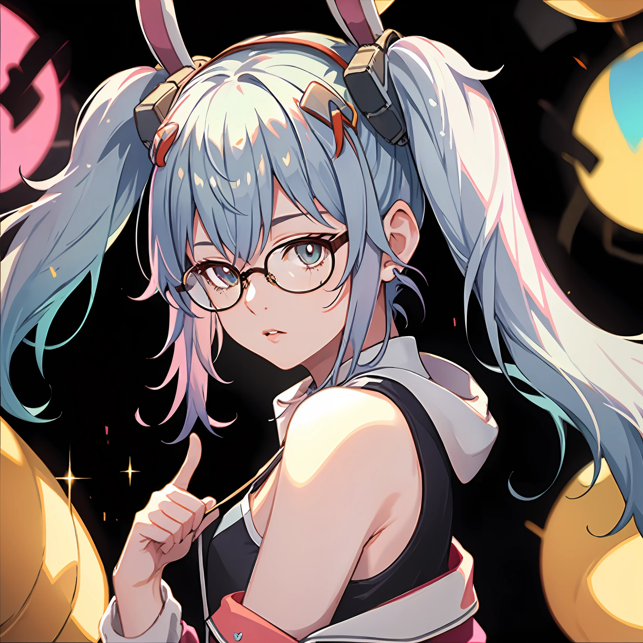 ((Best quality, masterpiece, 8k)), laffey, fake_animal_ears, camisole, pink_jacket, blue hair, ((glasses)), portrait, star shape pupil