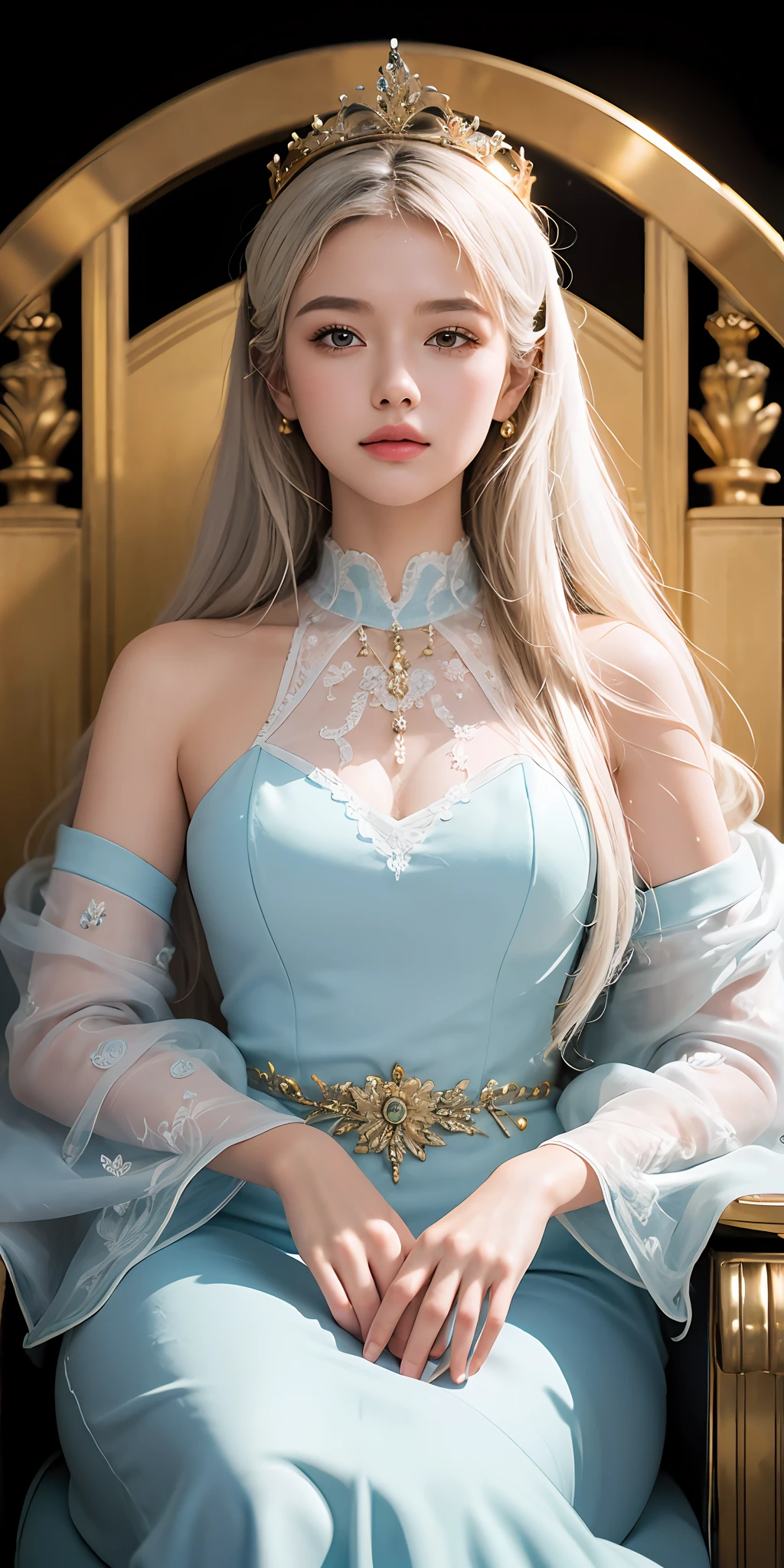 Masterpiece: 1.2), highest quality, (Illustration: 1.2), (Ultra detail), hyper detail, (delicate detail), (intricate detail), (cinematic light, highest quality backlight), clear line, from below, soloist, perfect body, (1 girl), white hair and yellow eyes, (emperor, black see-through clothes), , sit on the throne, close your eyes a little, bow your head, ( shy: 1.2), (makeup), high contrast, (best lighting, very creative and beautiful), (cinematic light), colorful,
