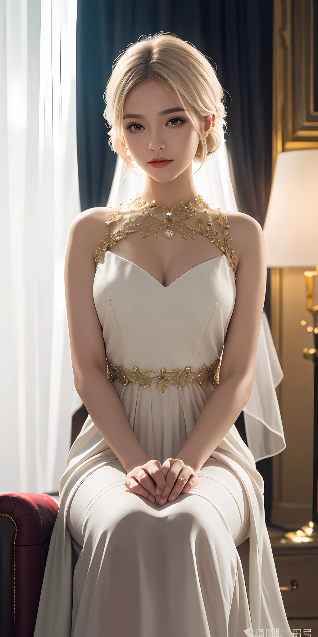 Masterpiece: 1.2), highest quality, (Illustration: 1.2), (Ultra detail), hyper detail, (delicate detail), (intricate detail), (cinematic light, highest quality backlight), clear line, from below, soloist, perfect body, (1 girl), white hair and yellow eyes, (emperor, black see-through clothes), , sit on the throne, close your eyes a little, bow your head, ( shy: 1.2), (makeup), high contrast, (best lighting, very creative and beautiful), (cinematic light), colorful,