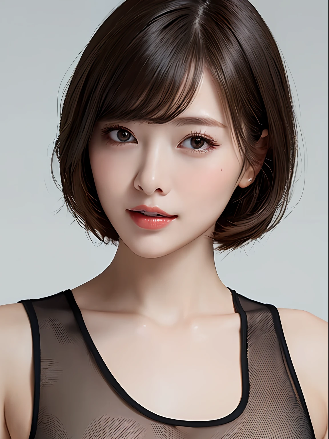 (Top Quality, 8k, Masterpiece: 1.3), Beauty, 1 Girl, Sexy: 1.1, Dark Brown Hair: 1.1, White Tank Top, Ultra Detailed Face, Detailed Lips, Detailed Eyes, Double Eyelids Short Hair Smile