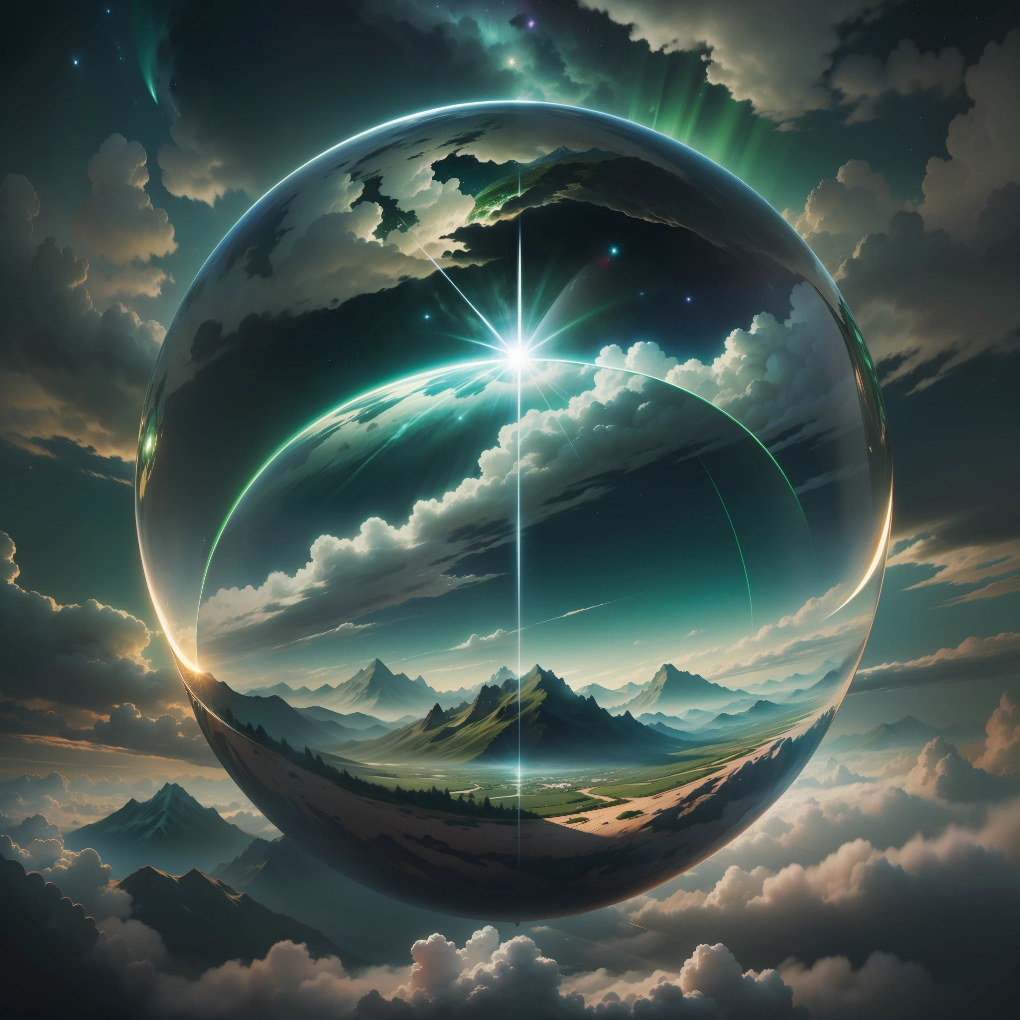 A giant mirror sphere floating in space, flickering lights, (green fields like the sky surrounded by high mountains and clouds: 1.3), particles in the air, divine rays, stars in the background, complex fractals, detailed, (illustration), masterpiece, high resolution, better quality.