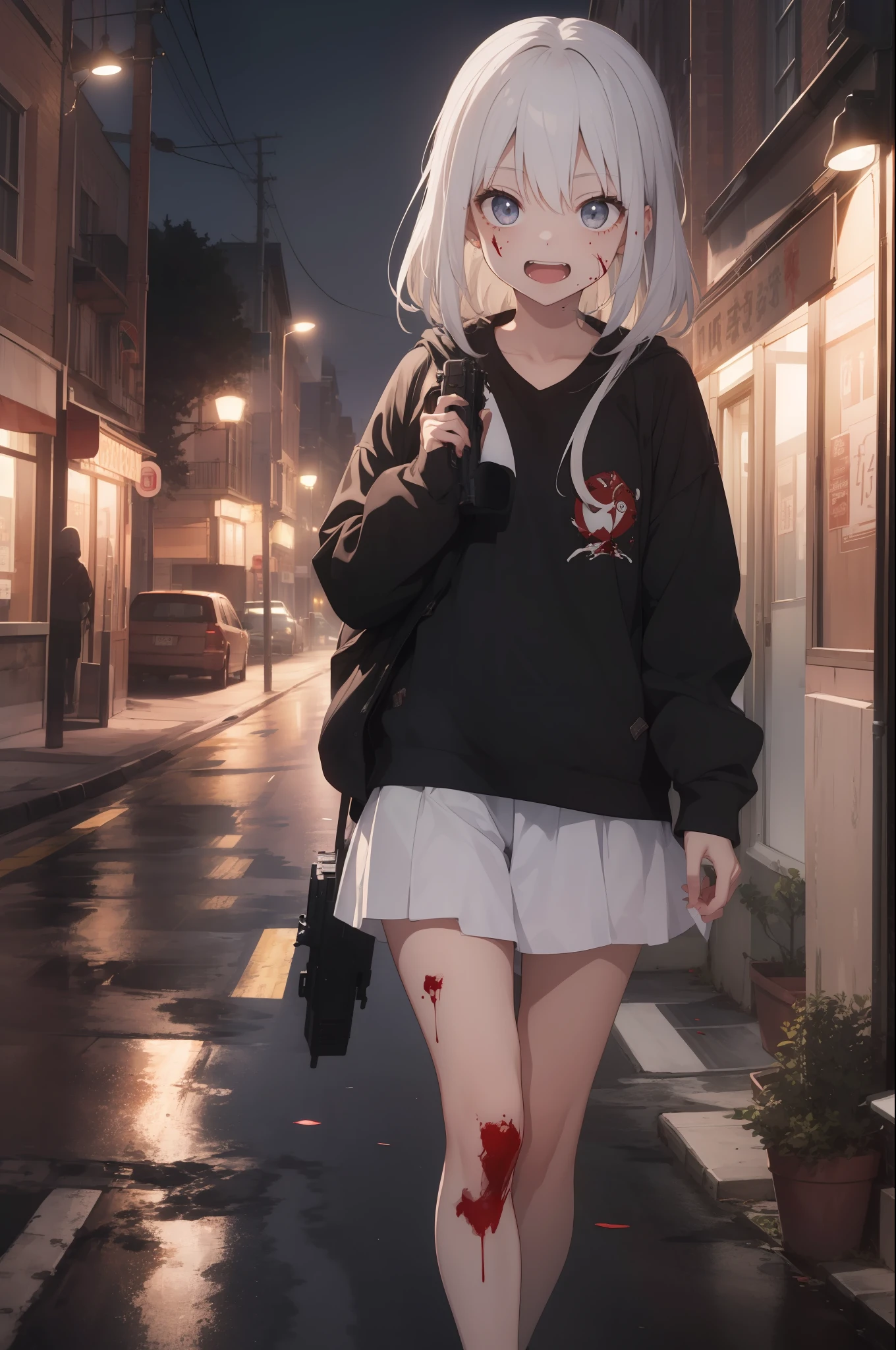 Creepy , dark , night, (extremely detailed CG unity 8k wallpaper,masterpiece, best quality, ultra-detailed, beautiful detailed eyes:1.2),best illumination, (best shadow, an extremely delicate and beautiful, bloom),1gril,solo, No i want a killer named sarra , 20 years, White hair , grey eyes, wearing black trending clothes, holding a gun , walking in the middle of the street after killing people, blood in every place , evil laugh , her face cover by blood , the street cover by blood