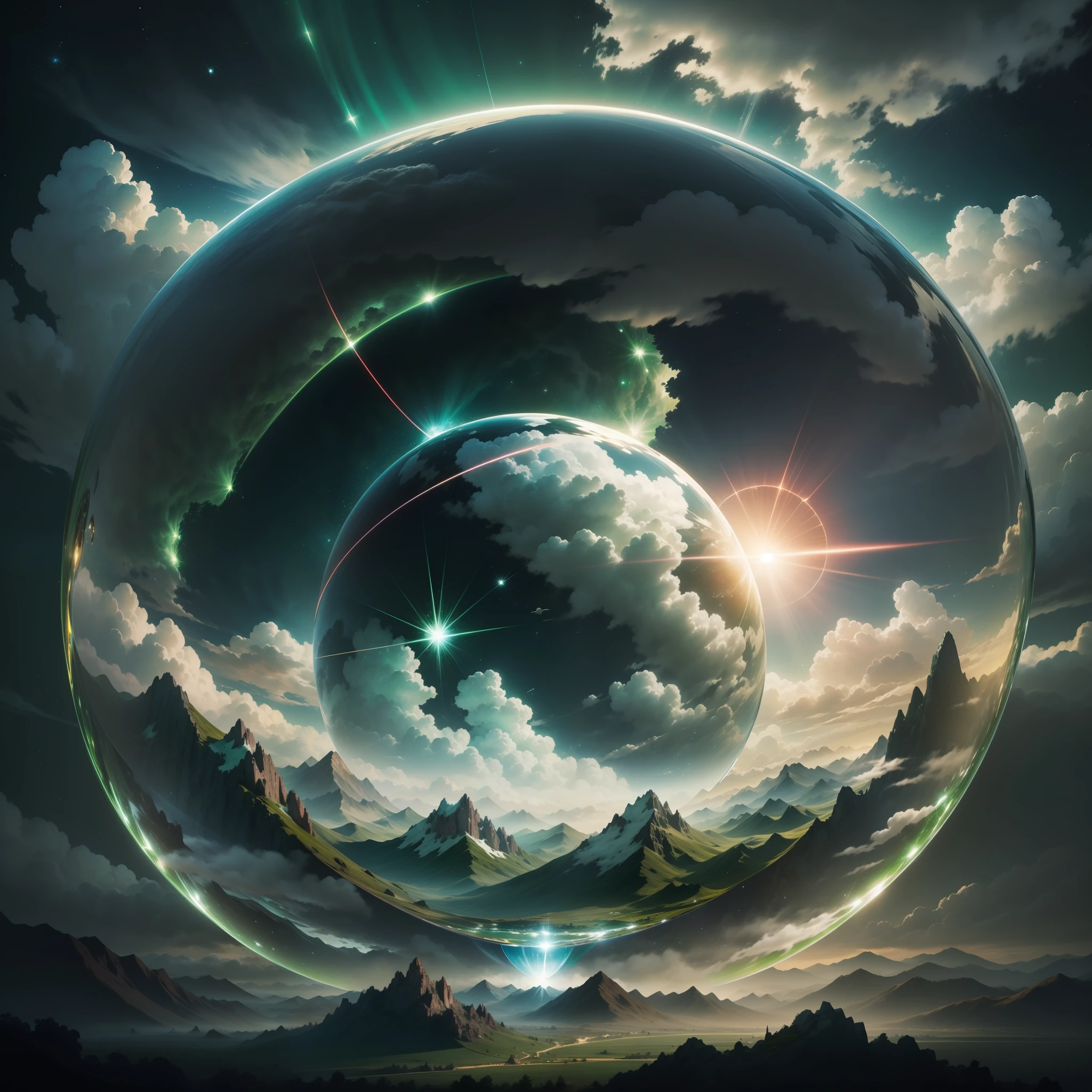 A giant mirror sphere floating in space, flickering lights, (green fields like the sky surrounded by high mountains and clouds: 1.3), particles in the air, divine rays, stars in the background, complex fractals, detailed, (illustration), masterpiece, high resolution, better quality.