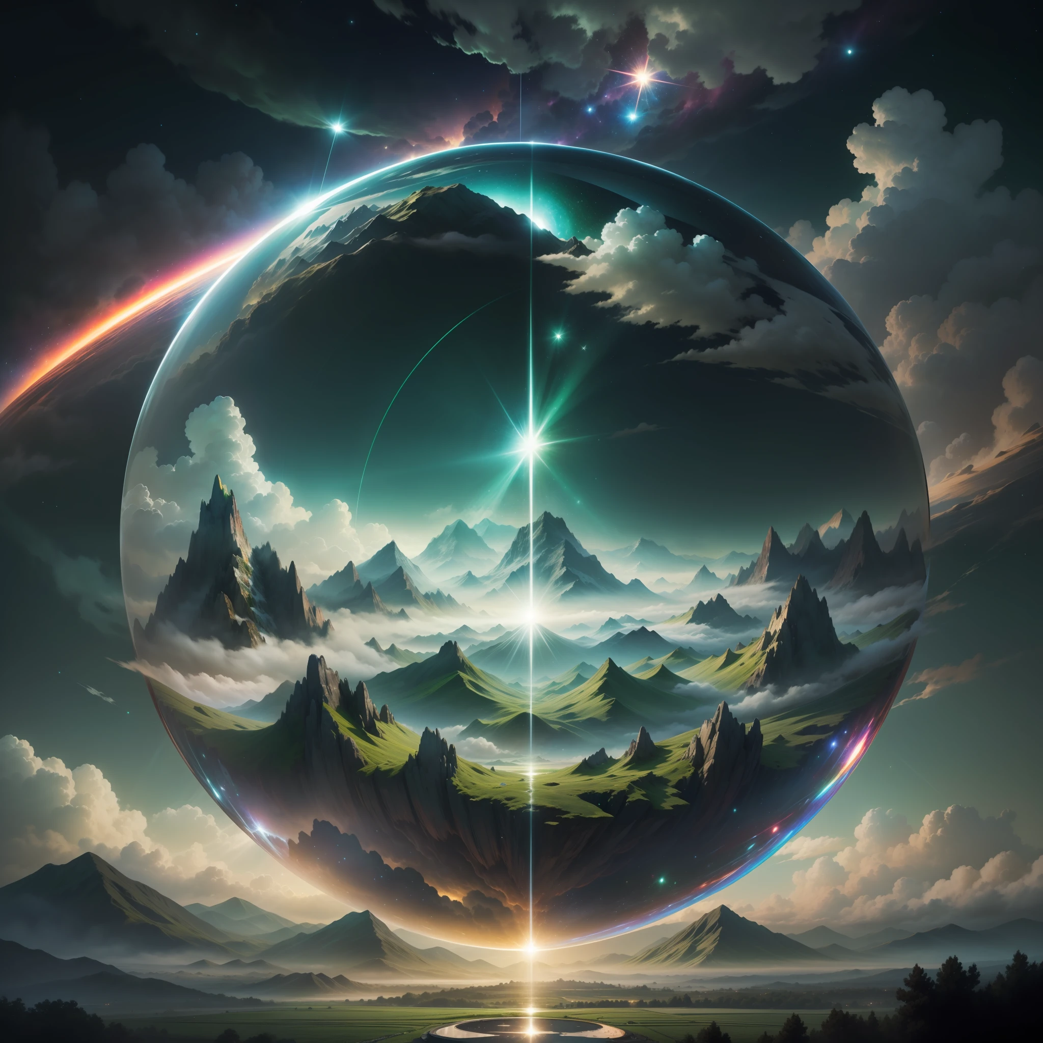 A giant mirror sphere floating in space, flickering lights, (green fields like the sky surrounded by high mountains and clouds: 1.3), particles in the air, divine rays, stars in the background, complex fractals, detailed, (illustration), masterpiece, high resolution, better quality.