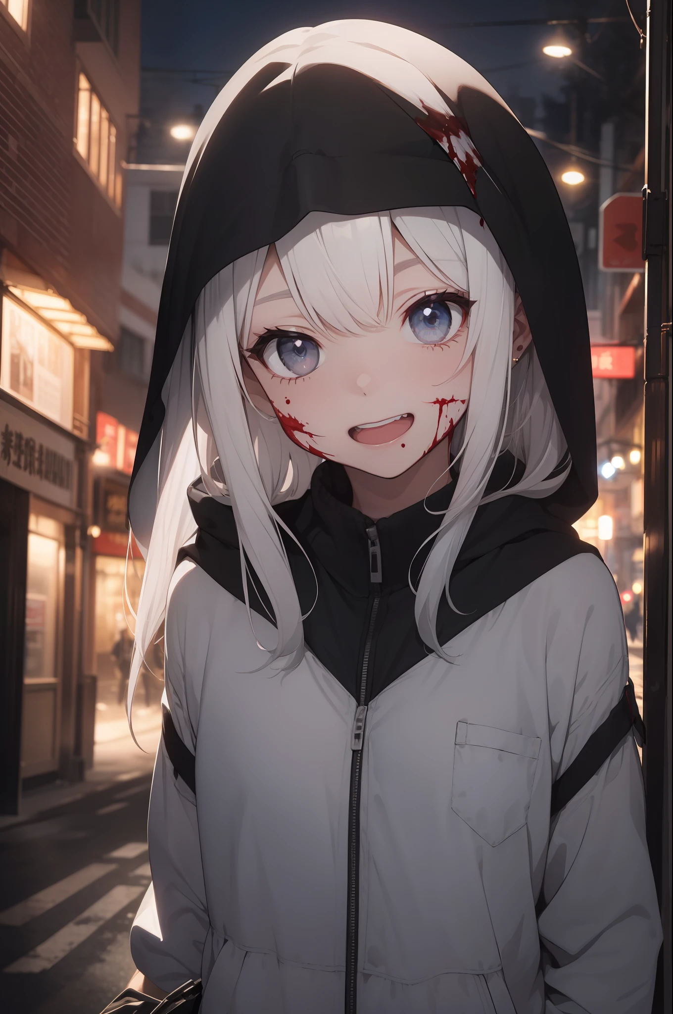 Creepy , dark , night, (extremely detailed CG unity 8k wallpaper,masterpiece, best quality, ultra-detailed, beautiful detailed eyes:1.2),best illumination, (best shadow, an extremely delicate and beautiful, bloom),1gril,solo, No i want a killer named sarra , 20 years, White hair , grey eyes, wearing black trending clothes, holding a gun , walking in the middle of the street after killing people, blood in every place , evil laugh , her face cover by blood , the street cover by blood