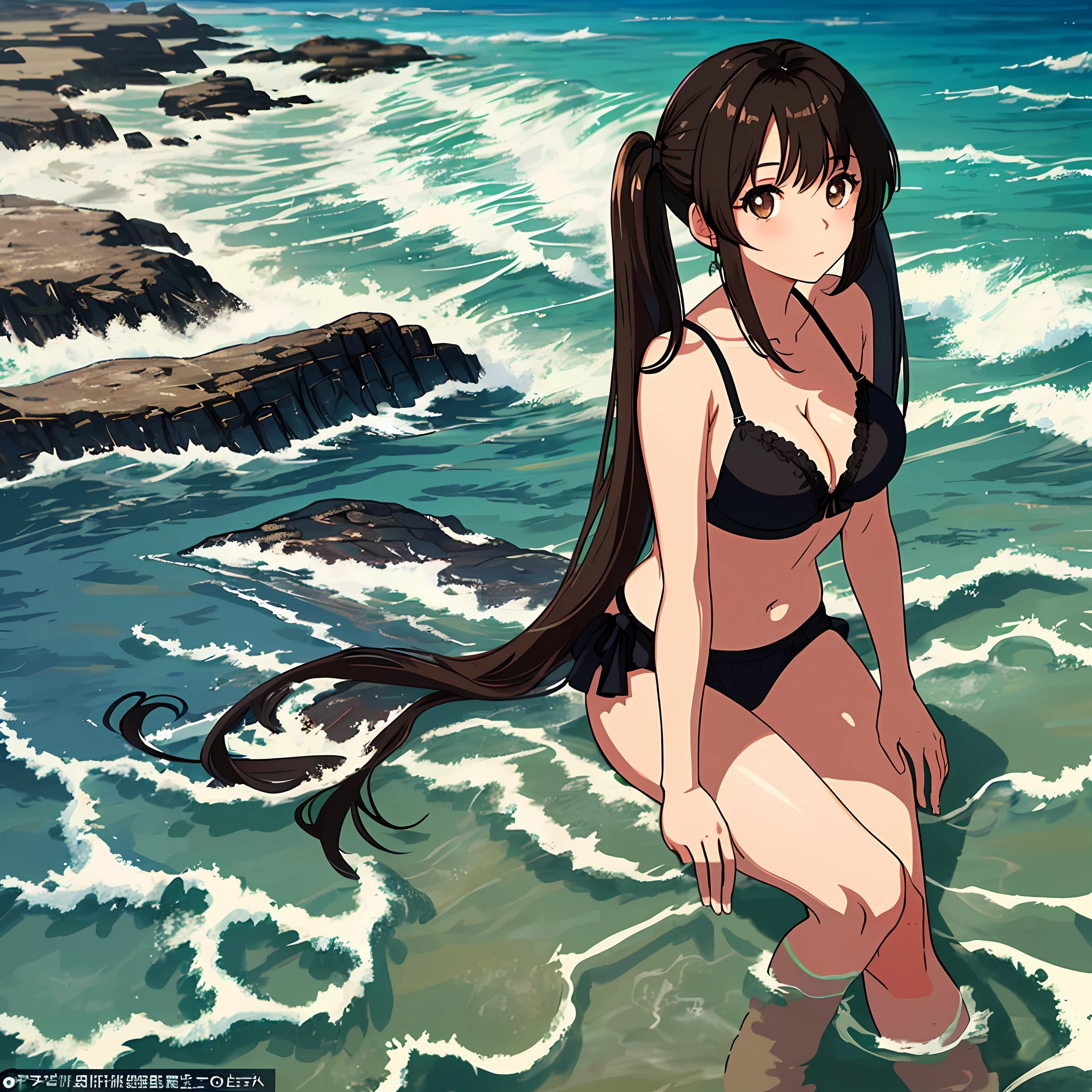 (masterpiece: 1.2, best quality), (finely detailed beautiful eyes: 1.2), a girl with twintail, brown eyes, black bra, beach, water, large breasts, age 20, black hair, beautiful legs
