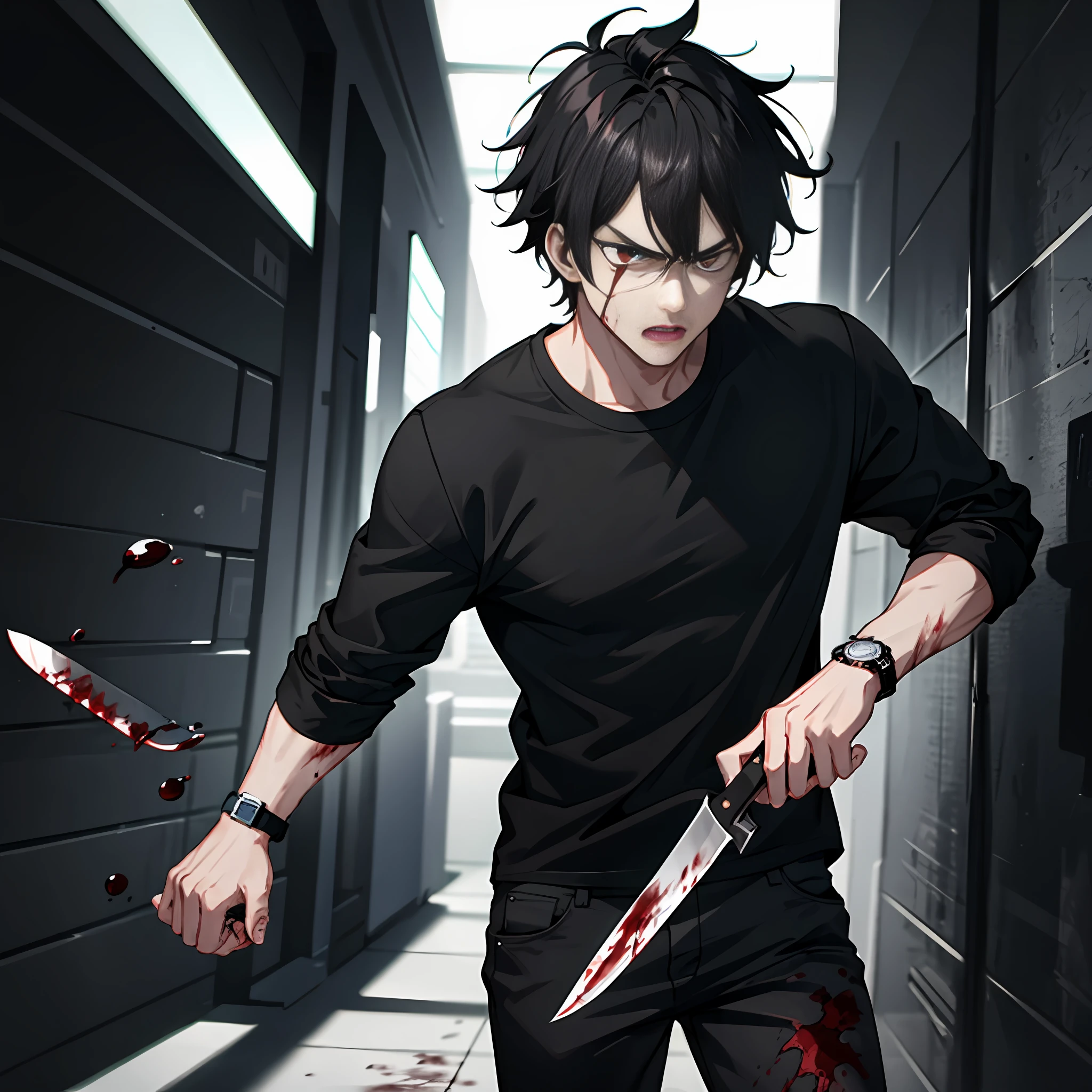 1boy, black hair, black shirt, red eyes, watch, messy hair, 8k resolution, fierce, delicate facial features, cold, murderous, angry, knife in hand, blood